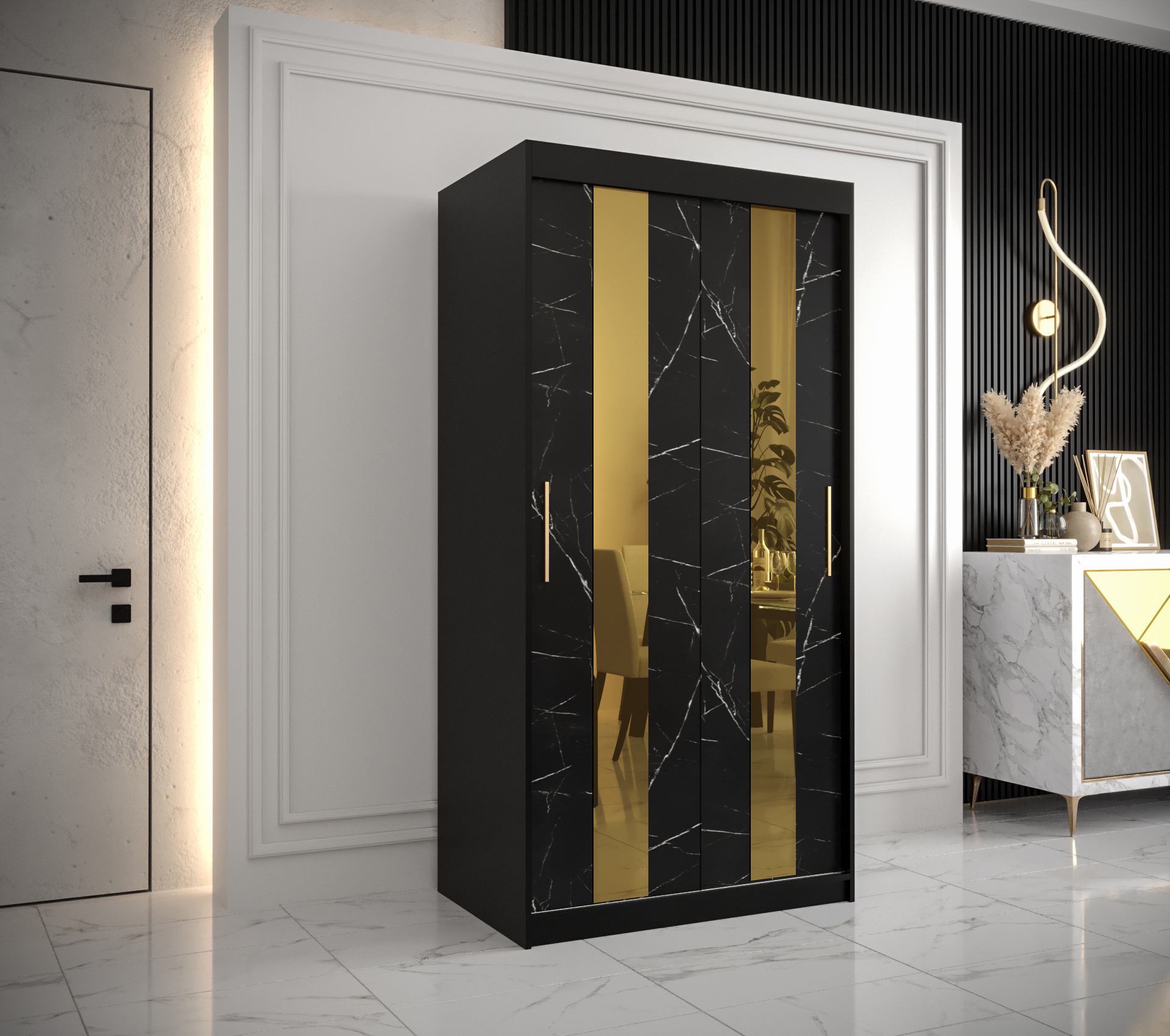 Šatní skříň Abi Golden Pole Barva korpusu: Černá, Rozměry: 100 cm, Dveře: Černý Marmur + zlaté zrcad