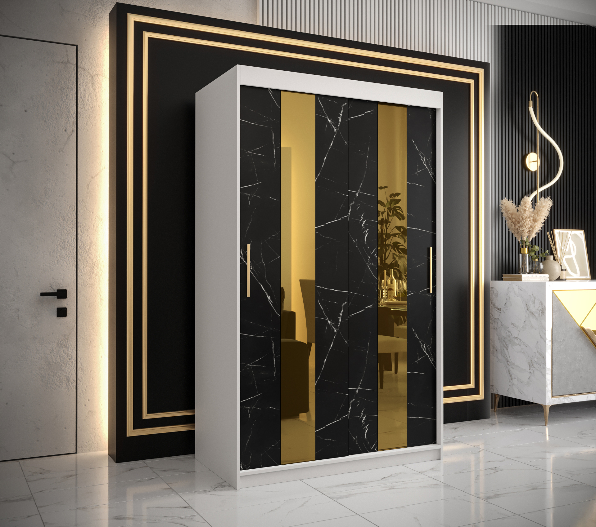 Šatní skříň Abi Golden Pole Barva korpusu: Bílá, Rozměry: 120 cm, Dveře: Černý Marmur + zlaté zrcadl