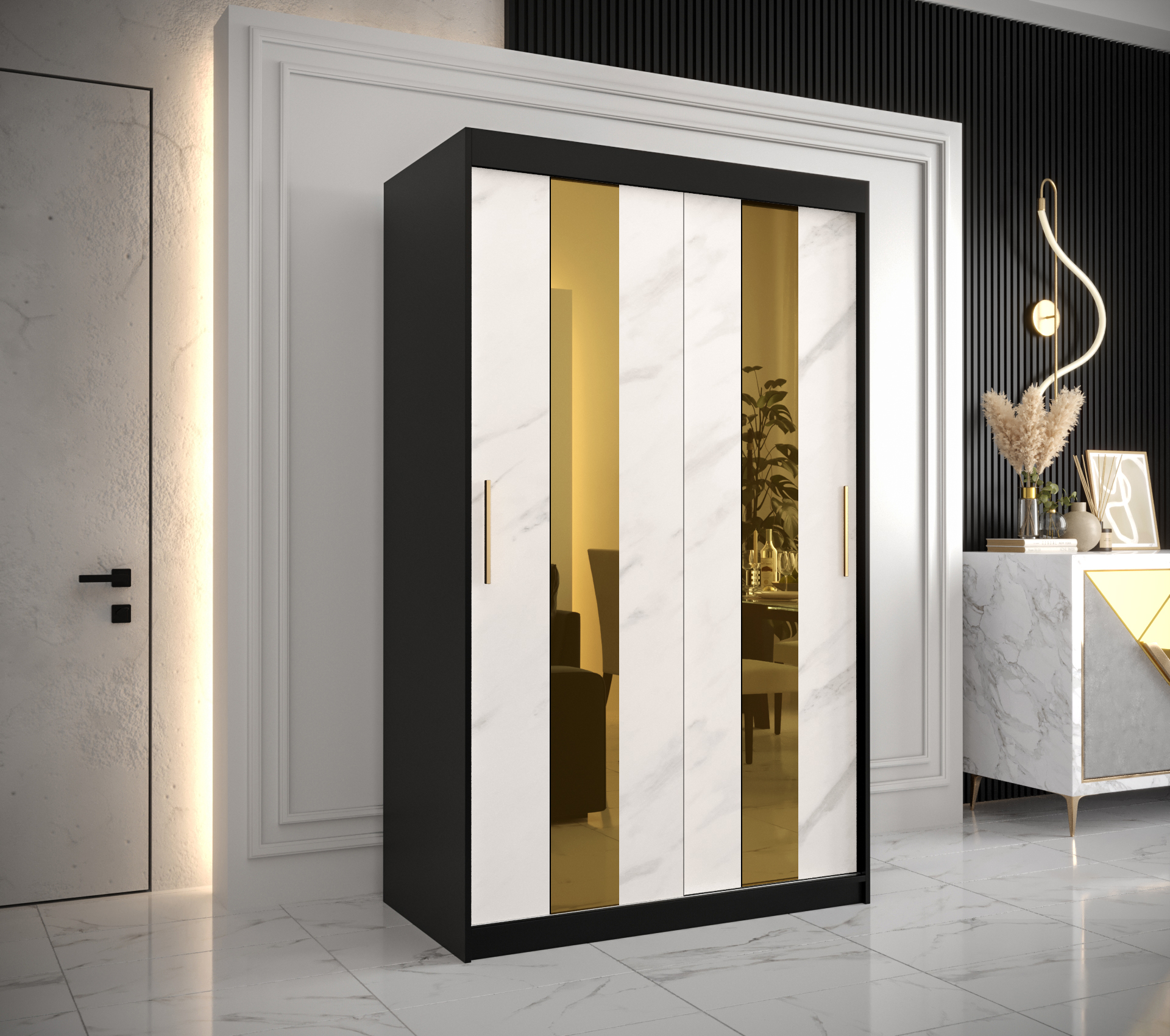 Šatní skříň Abi Golden Pole Barva korpusu: Černá, Rozměry: 120 cm, Dveře: Bílý Marmur + zlaté zrcadl
