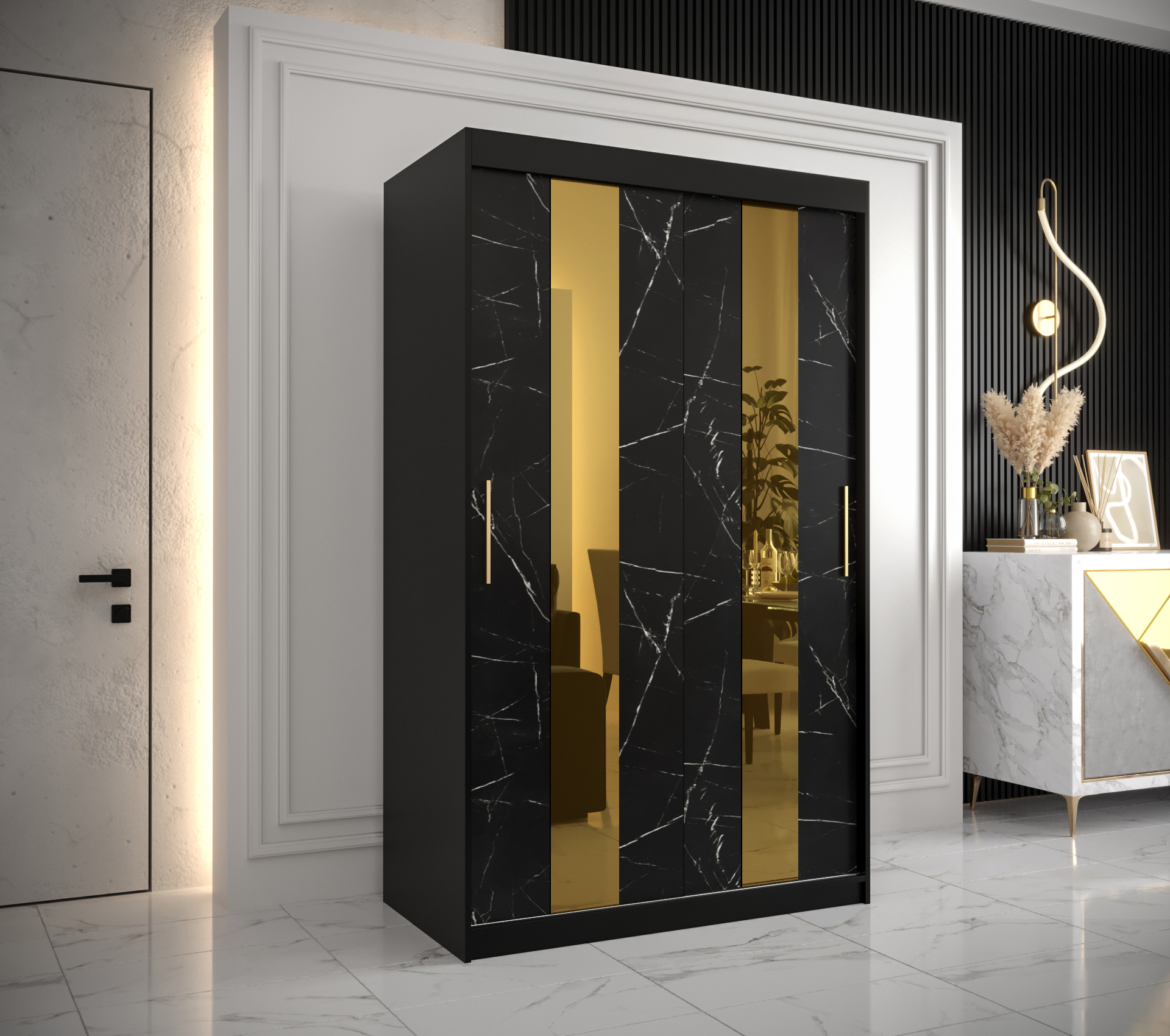 Šatní skříň Abi Golden Pole Barva korpusu: Černá, Rozměry: 120 cm, Dveře: Černý Marmur + zlaté zrcad