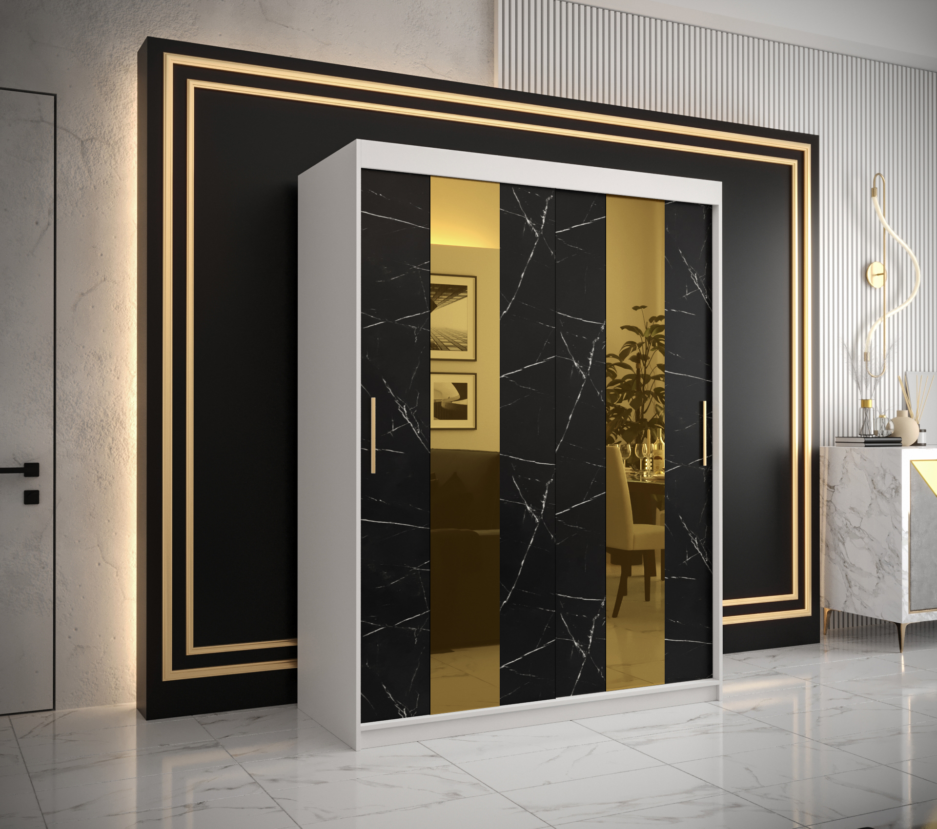 Šatní skříň Abi Golden Pole Barva korpusu: Bílá, Rozměry: 150 cm, Dveře: Černý Marmur + zlaté zrcadl