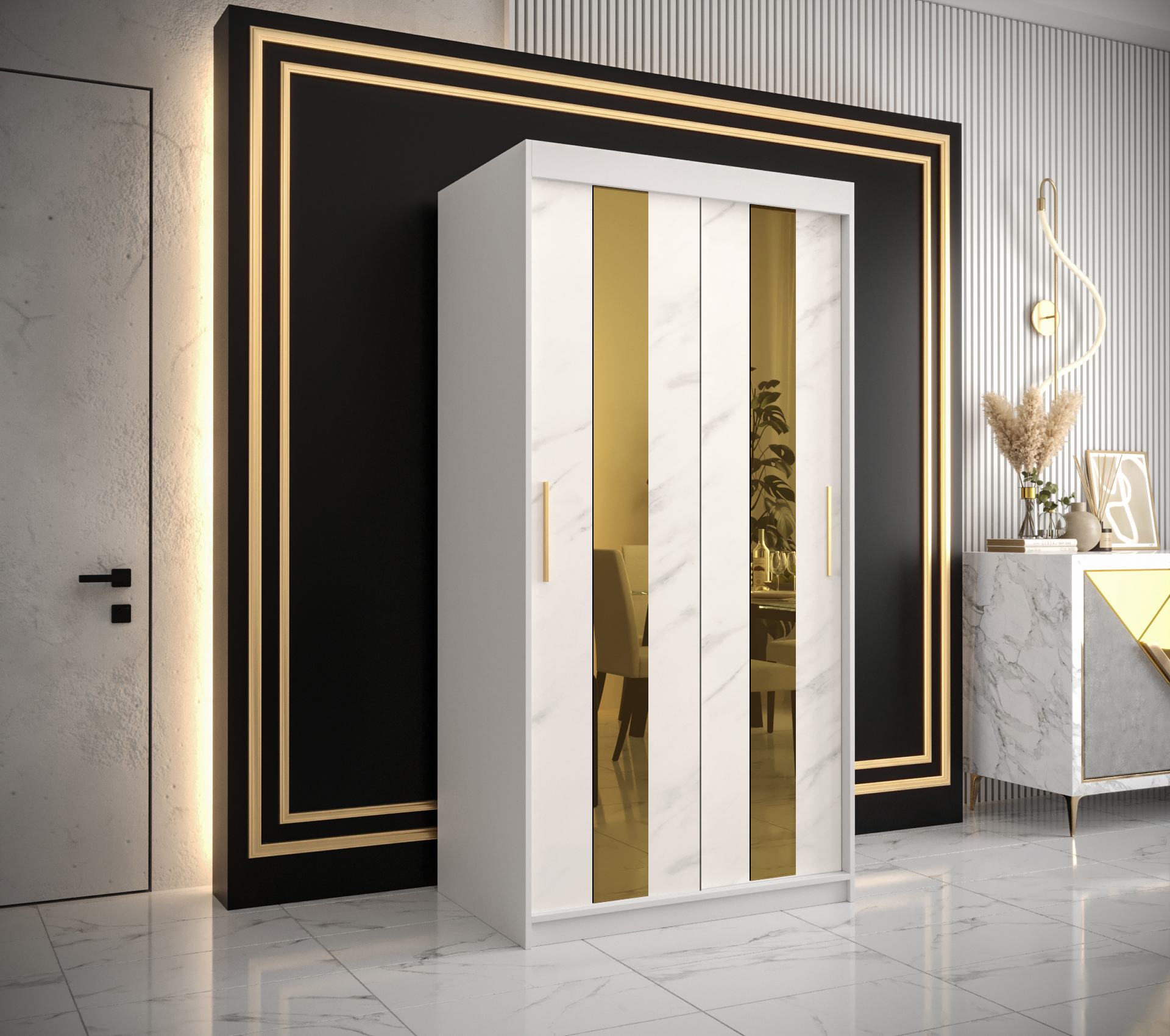 Šatní skříň Abi Golden Pole Barva korpusu: Bílá, Rozměry: 100 cm, Dveře: Bílý Marmur + zlaté zrcadlo