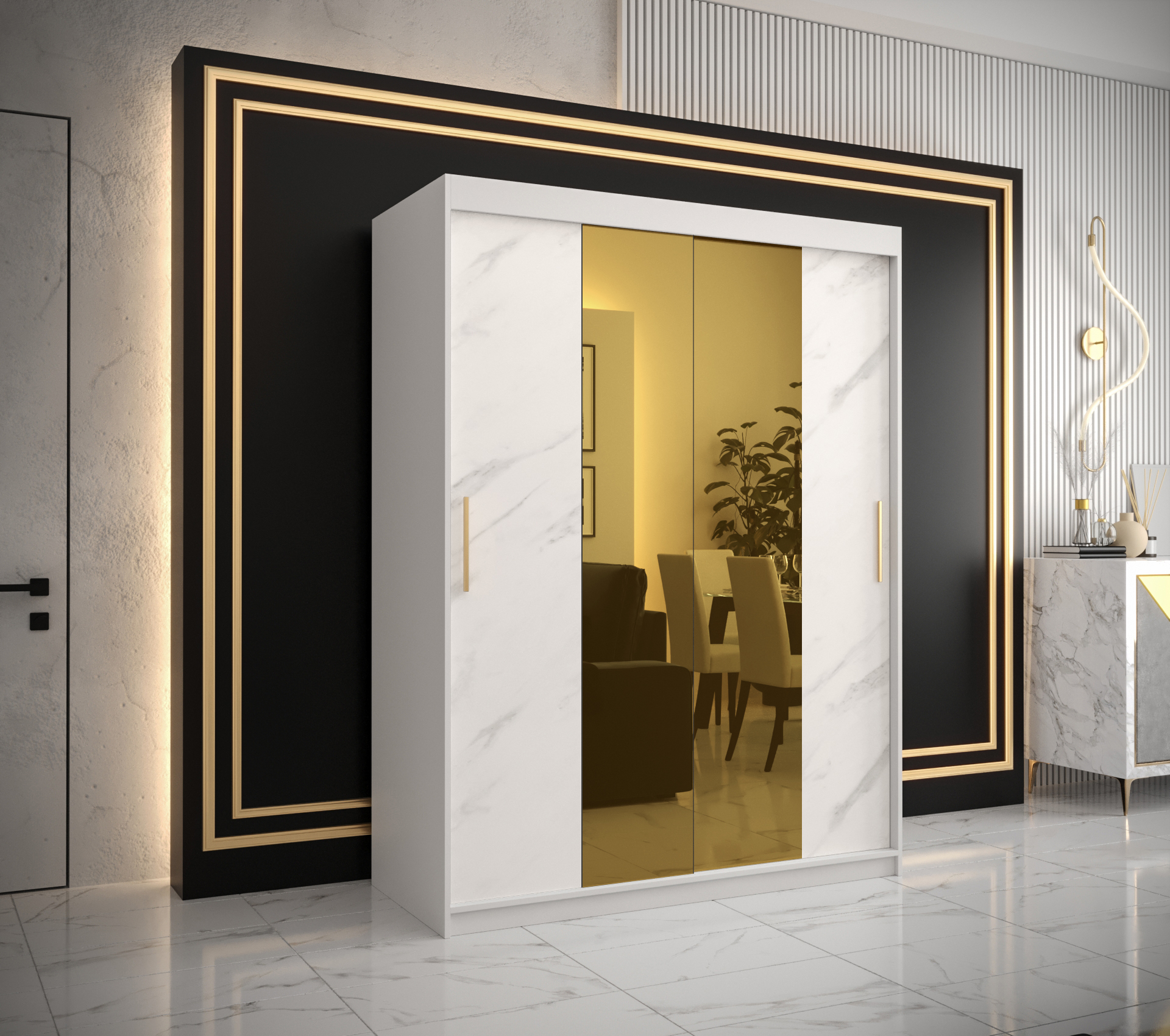 Šatní skříň Abi Golden T1 Barva korpusu: Bílá, Rozměry: 150 cm, Dveře: Bílý Marmur + zlaté zrcadlo -