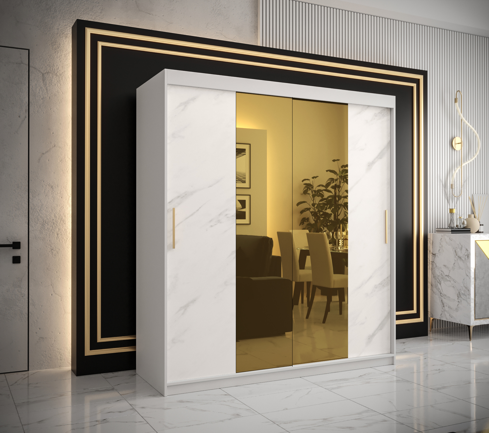 Šatní skříň Abi Golden T1 Barva korpusu: Bílá, Rozměry: 180 cm, Dveře: Bílý Marmur + zlaté zrcadlo -