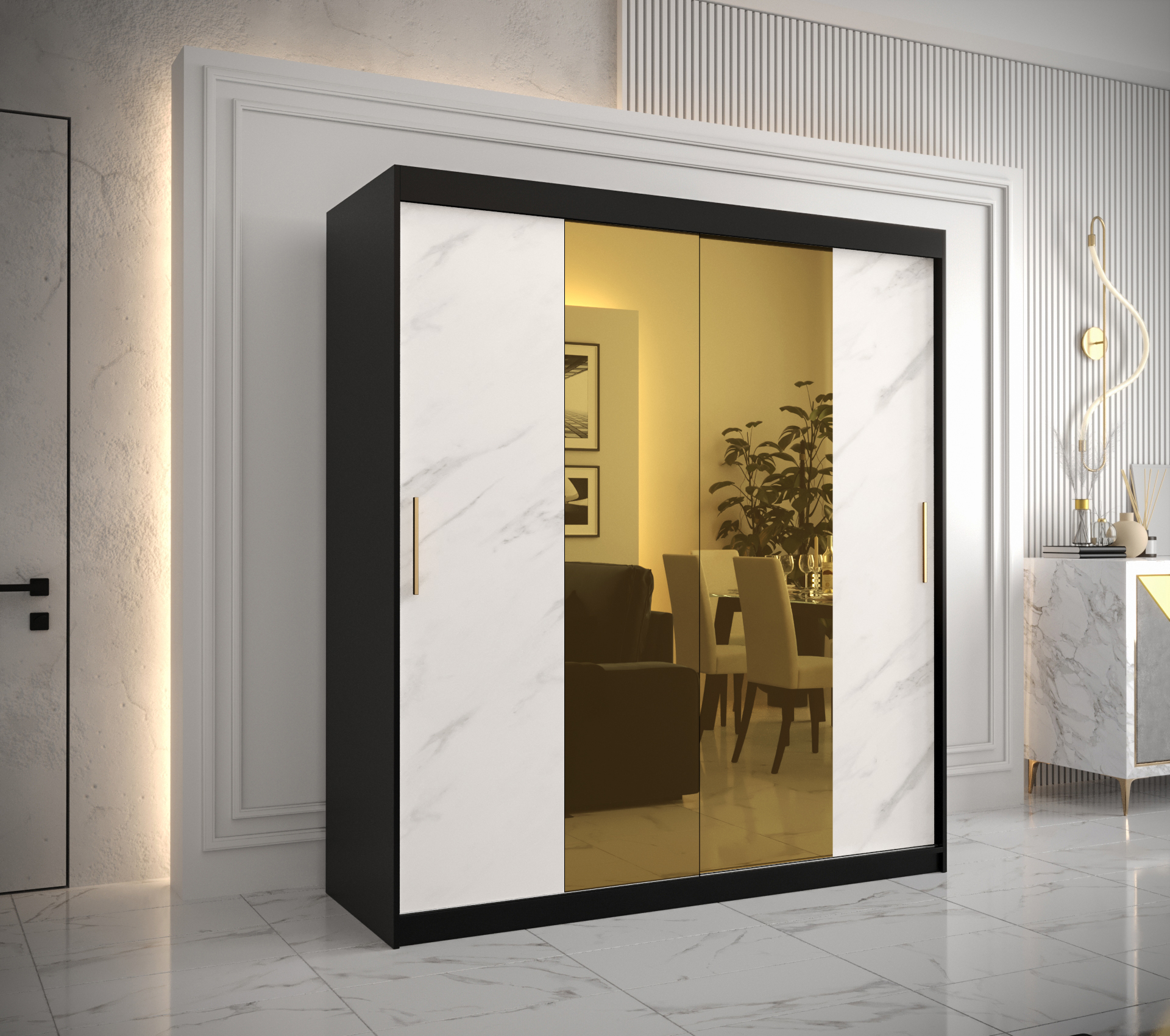 Šatní skříň Abi Golden T1 Barva korpusu: Černá, Rozměry: 180 cm, Dveře: Bílý Marmur + zlaté zrcadlo 