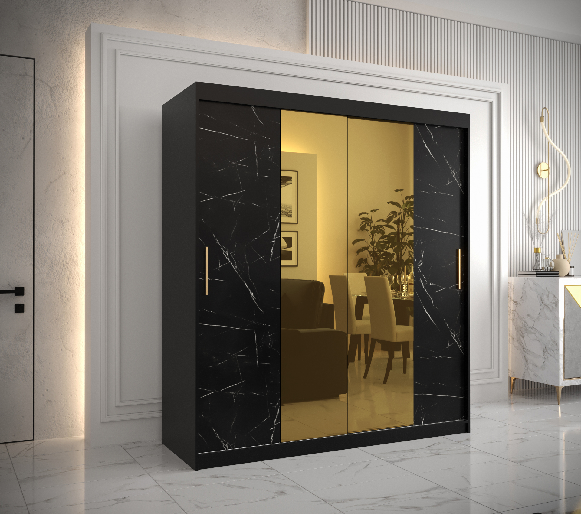 Šatní skříň Abi Golden T1 Barva korpusu: Černá, Rozměry: 180 cm, Dveře: Černý Marmur + zlaté zrcadlo