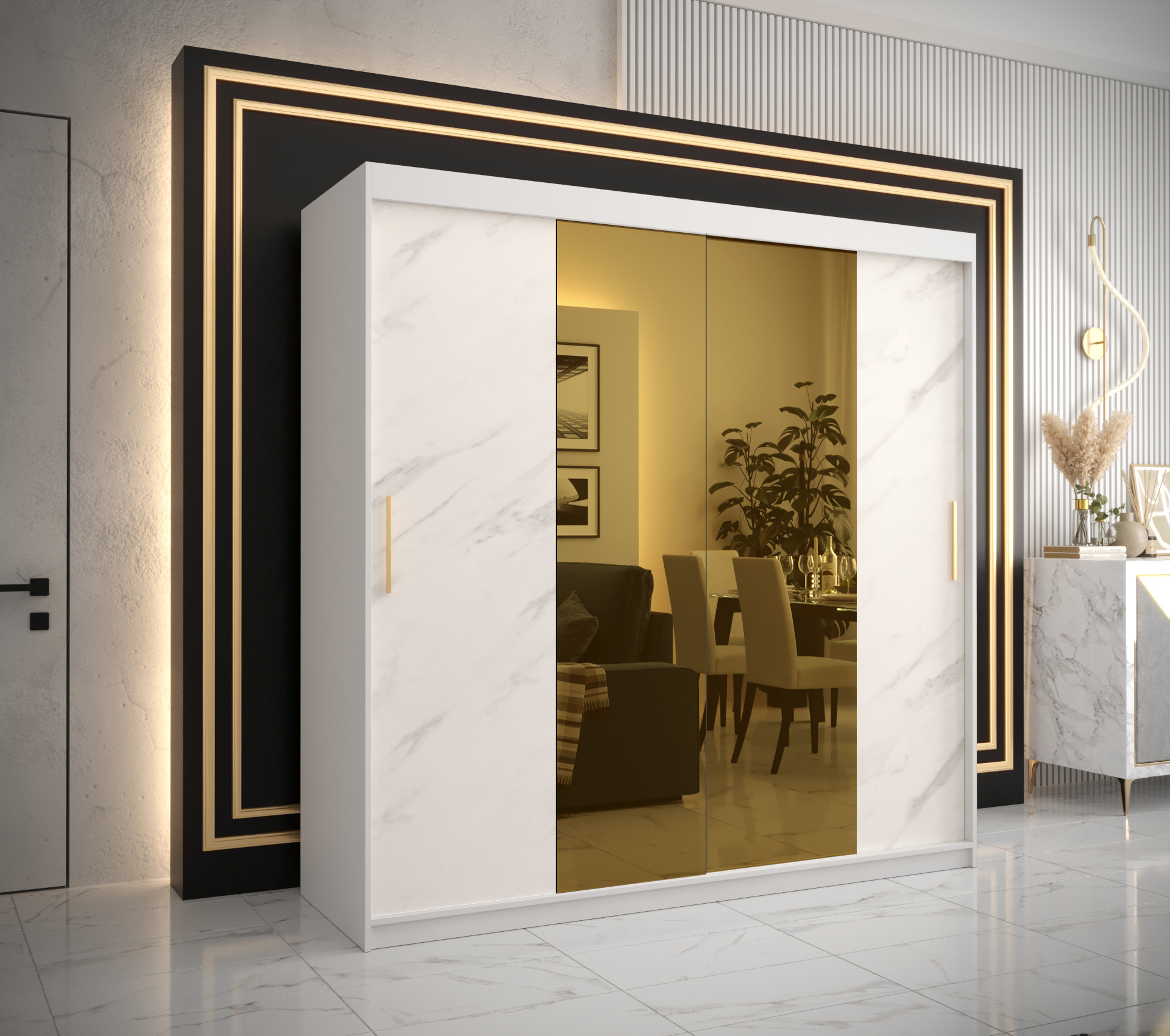 Šatní skříň Abi Golden T1 Barva korpusu: Bílá, Rozměry: 200 cm, Dveře: Bílý Marmur + zlaté zrcadlo -