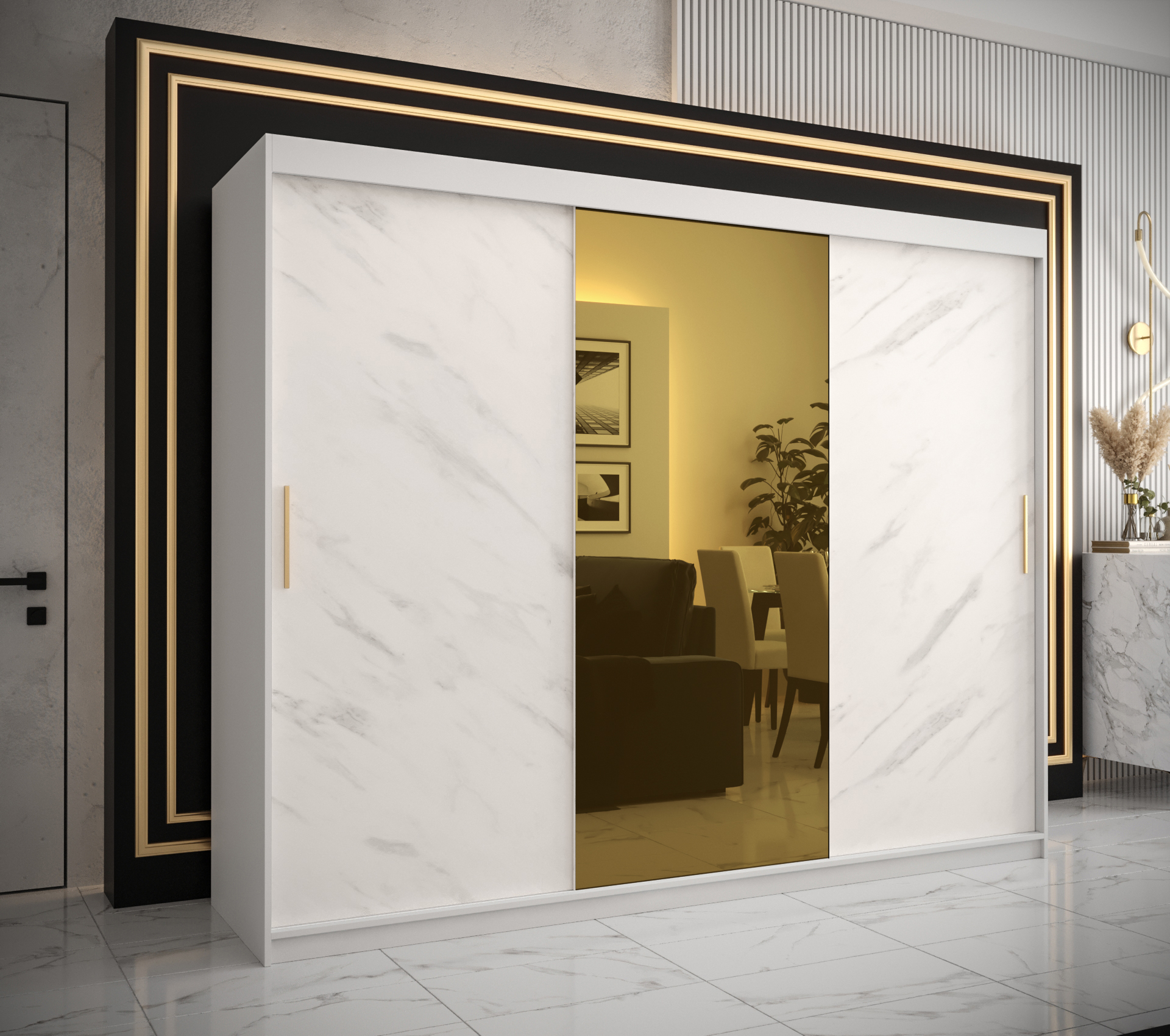 Šatní skříň Abi Golden T1 Barva korpusu: Bílá, Rozměry: 250 cm, Dveře: Bílý Marmur + zlaté zrcadlo -