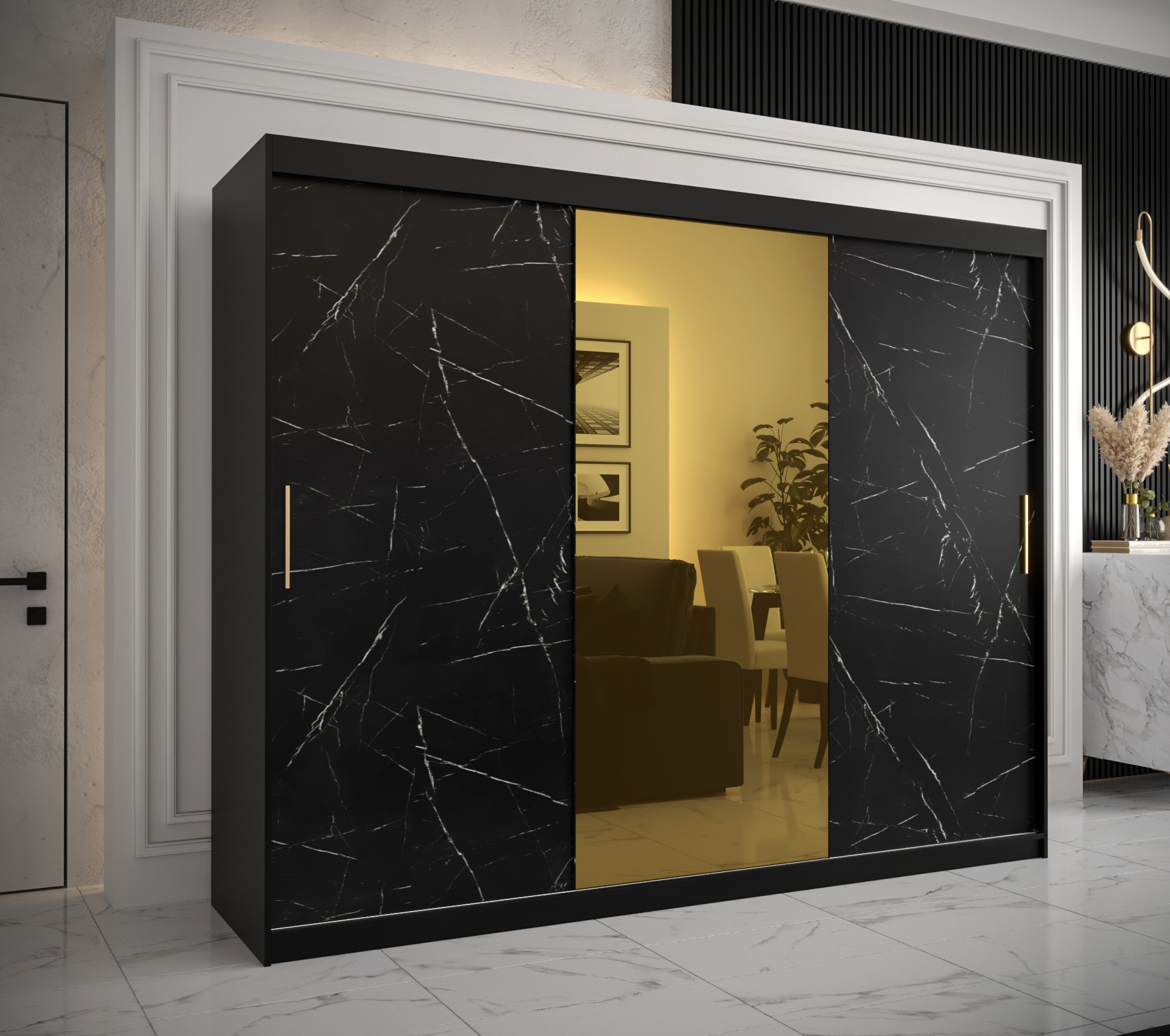 Šatní skříň Abi Golden T1 Barva korpusu: Černá, Rozměry: 250 cm, Dveře: Černý Marmur + zlaté zrcadlo