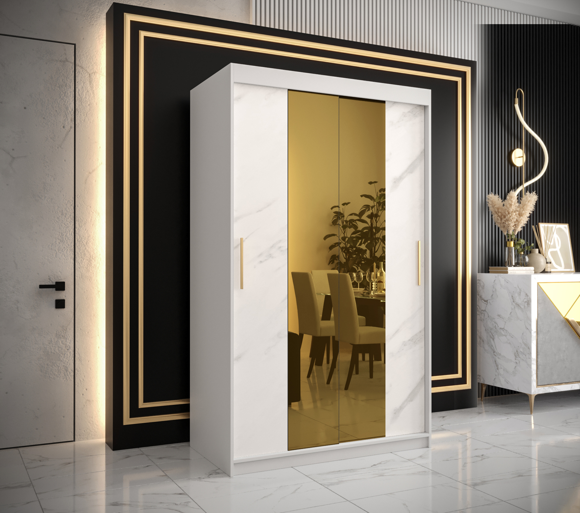 Šatní skříň Abi Golden T1 Barva korpusu: Bílá, Rozměry: 120 cm, Dveře: Bílý Marmur + zlaté zrcadlo -