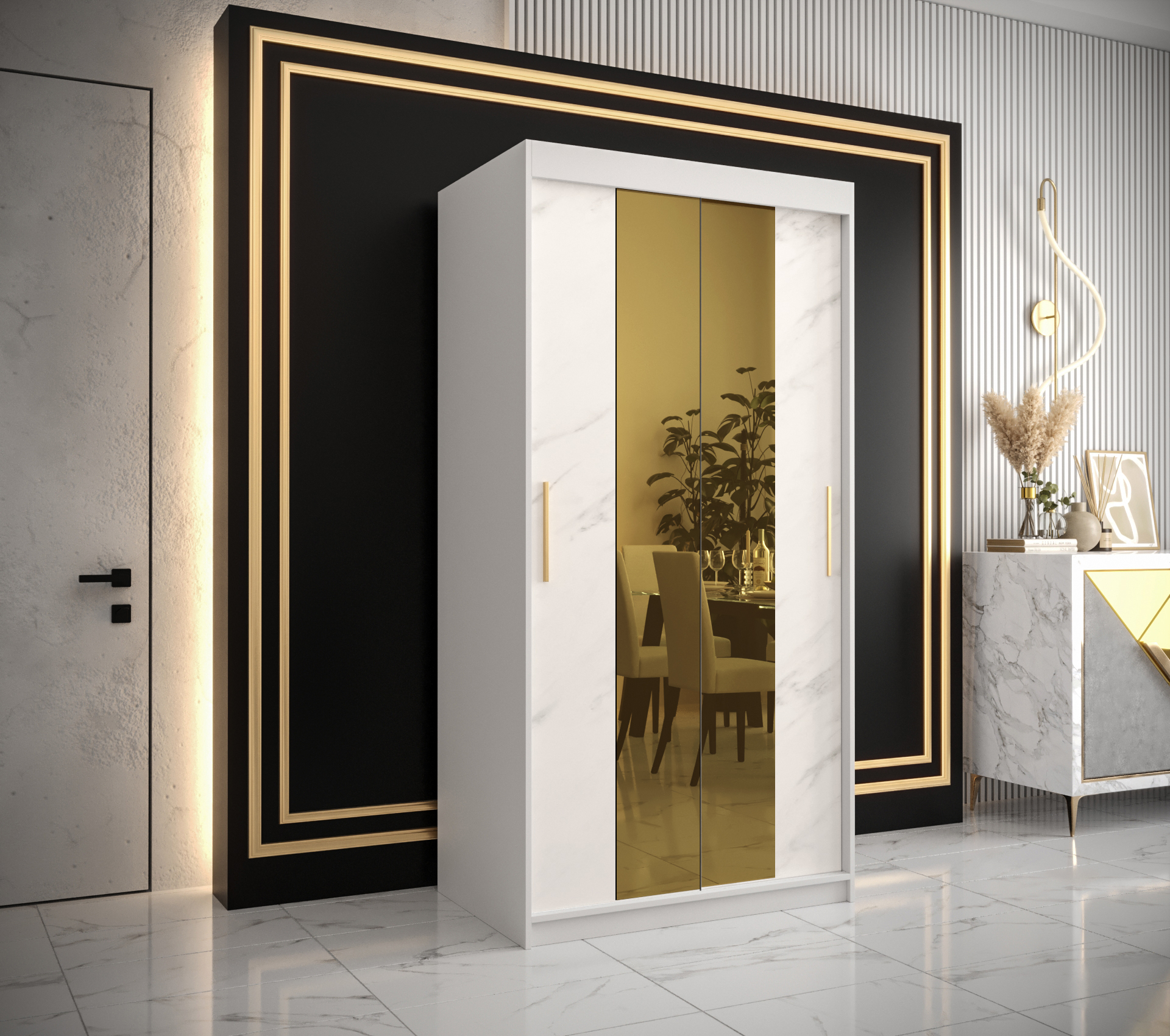 Šatní skříň Abi Golden T1 Barva korpusu: Bílá, Rozměry: 100 cm, Dveře: Bílý Marmur + zlaté zrcadlo -