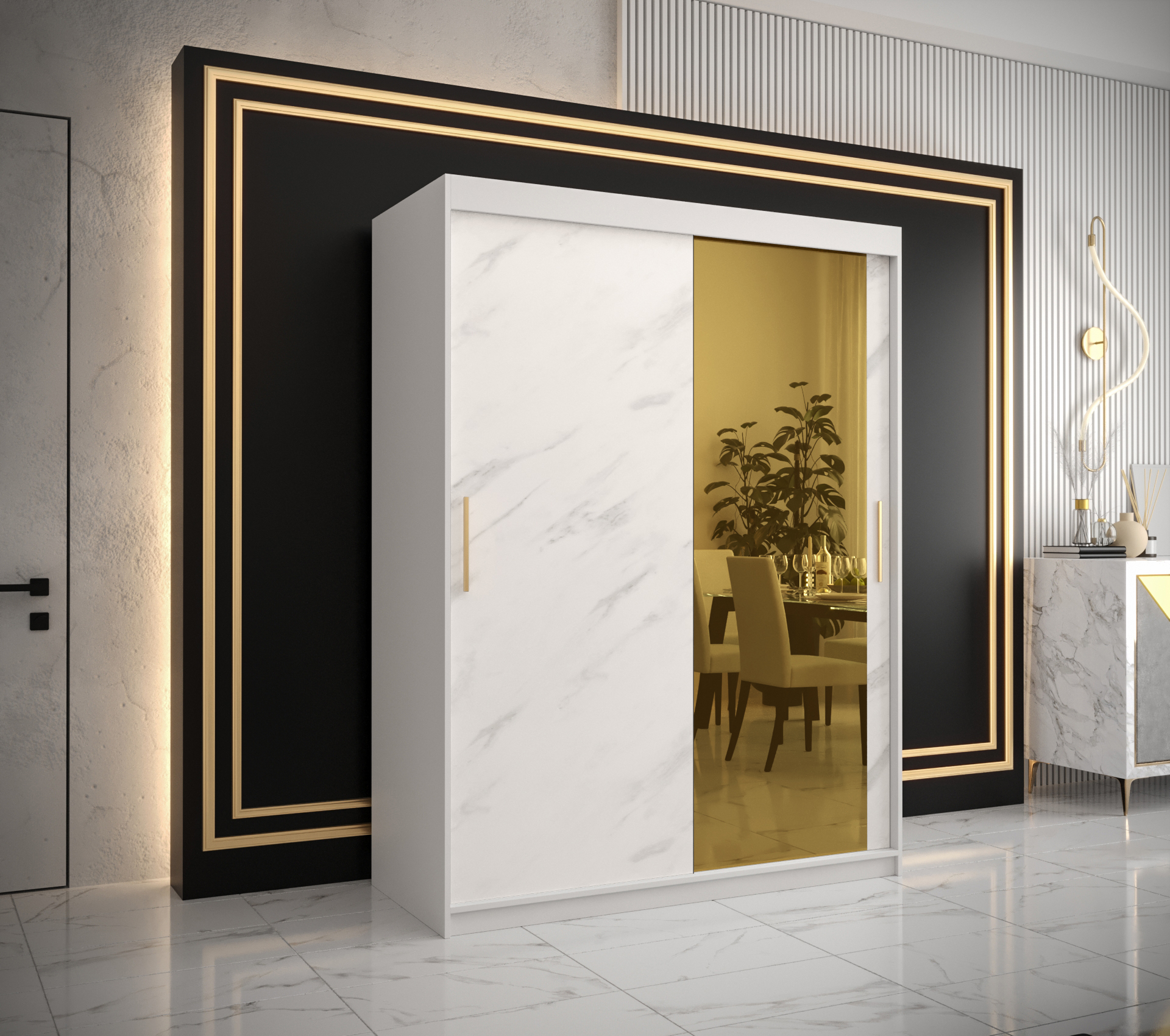 Šatní skříň Abi Golden T2 Barva korpusu: Bílá, Rozměry: 150 cm, Dveře: Bílý Marmur + zlaté zrcadlo -