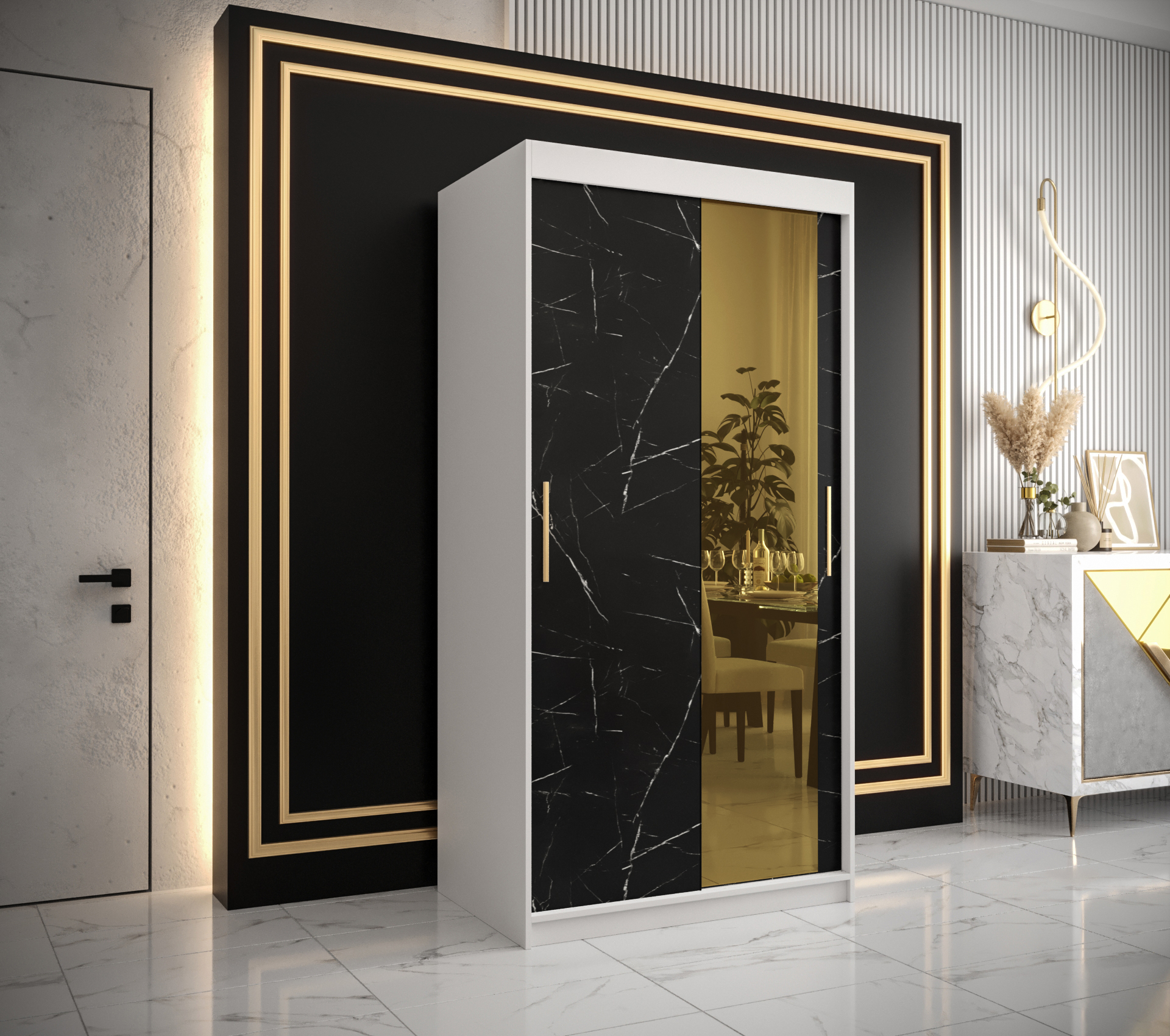 Šatní skříň Abi Golden T2 Barva korpusu: Bílá, Rozměry: 100 cm, Dveře: Černý Marmur + zlaté zrcadlo 