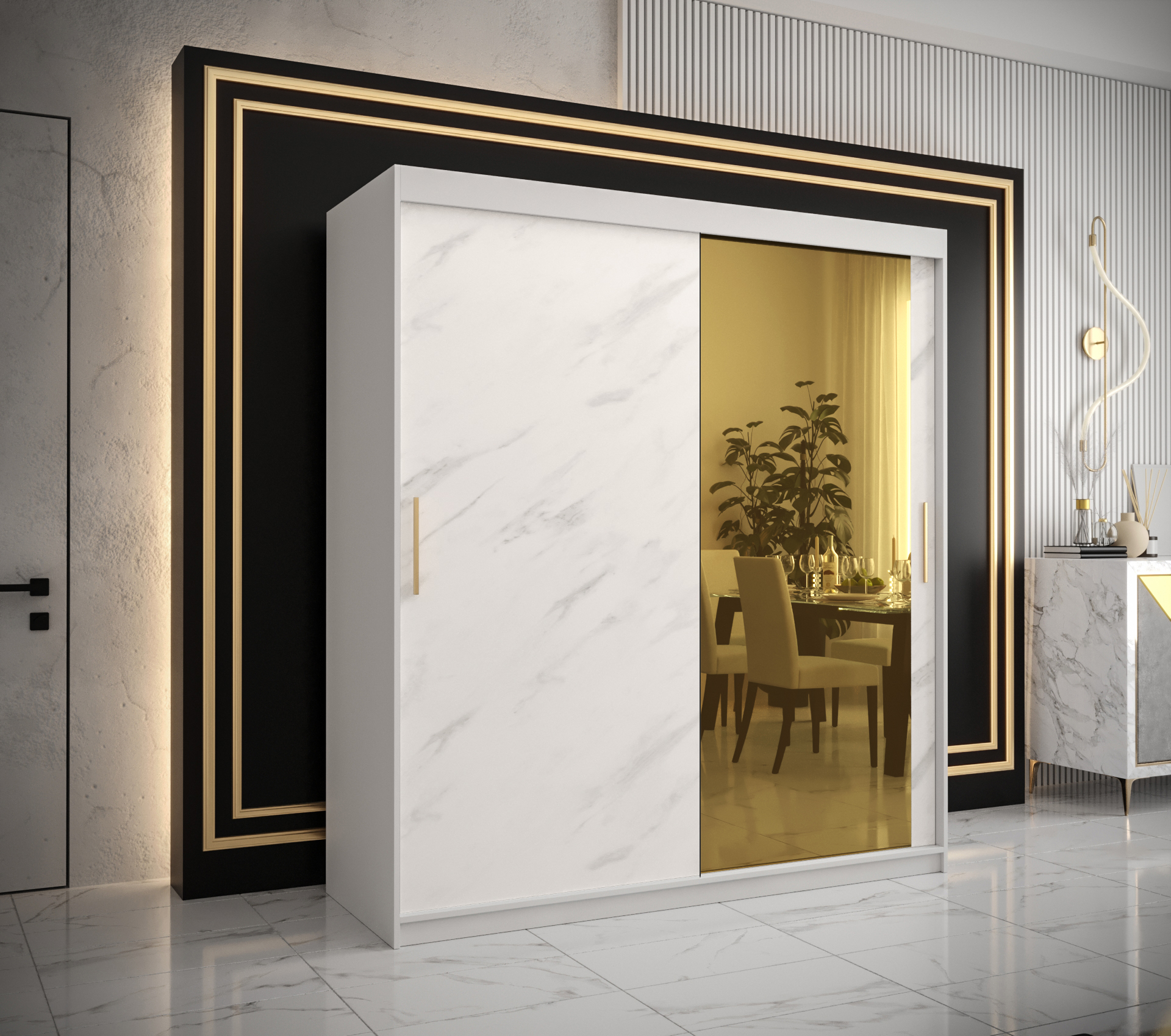 Šatní skříň Abi Golden T2 Barva korpusu: Bílá, Rozměry: 180 cm, Dveře: Bílý Marmur + zlaté zrcadlo -
