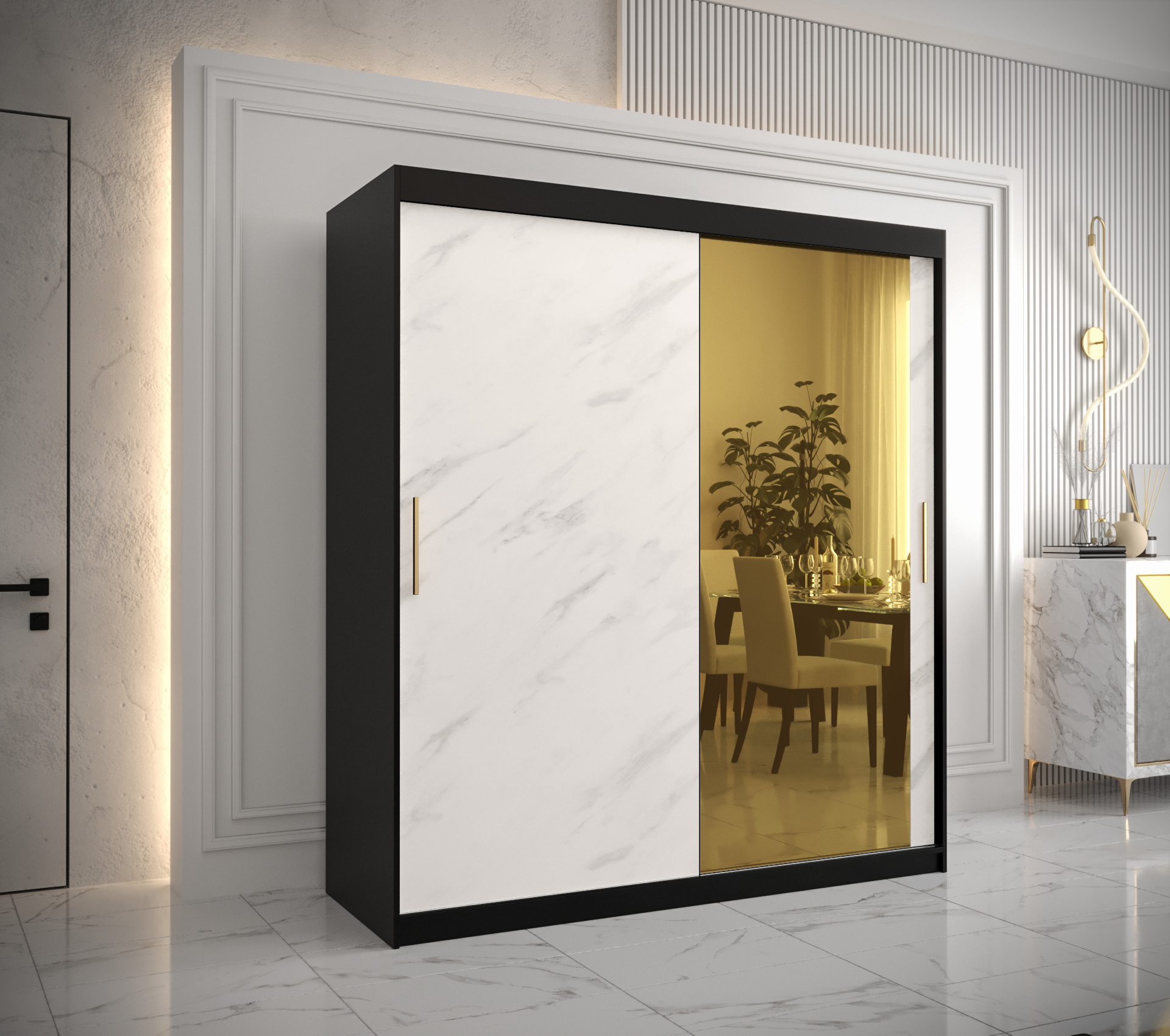 Šatní skříň Abi Golden T2 Barva korpusu: Černá, Rozměry: 180 cm, Dveře: Bílý Marmur + zlaté zrcadlo 