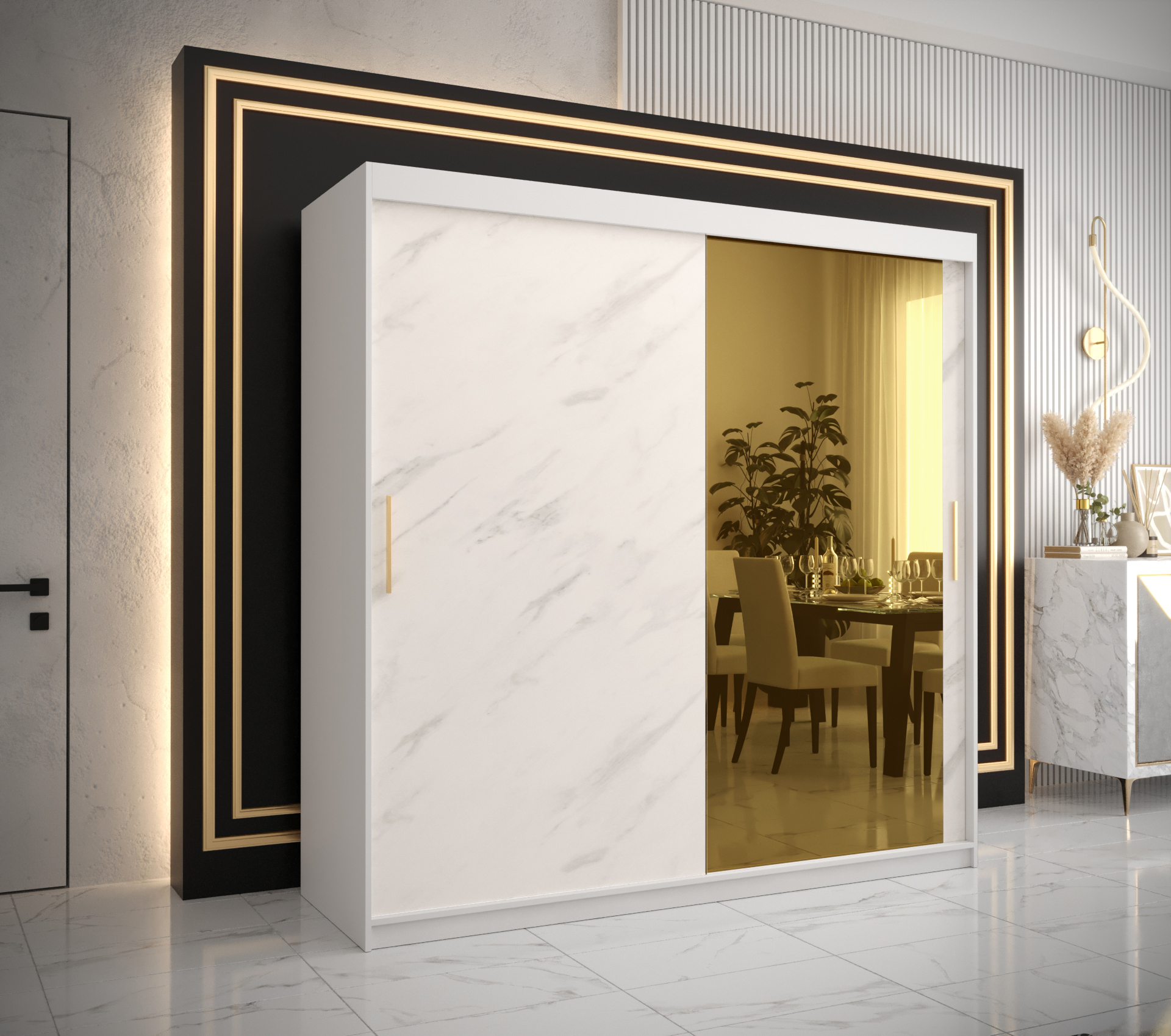 Šatní skříň Abi Golden T2 Barva korpusu: Bílá, Rozměry: 200 cm, Dveře: Bílý Marmur + zlaté zrcadlo -