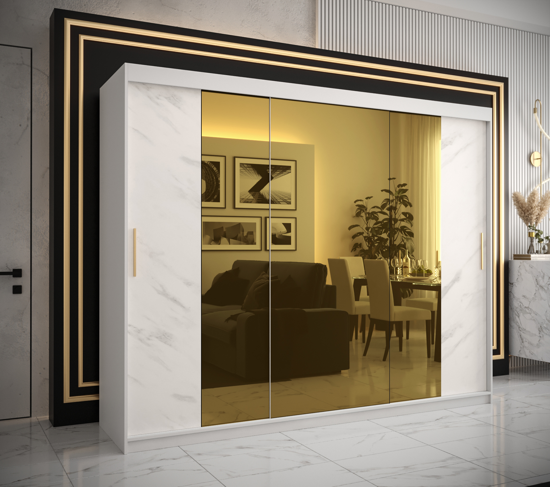 Šatní skříň Abi Golden T2 Barva korpusu: Bílá, Rozměry: 250 cm, Dveře: Bílý Marmur + zlaté zrcadlo -