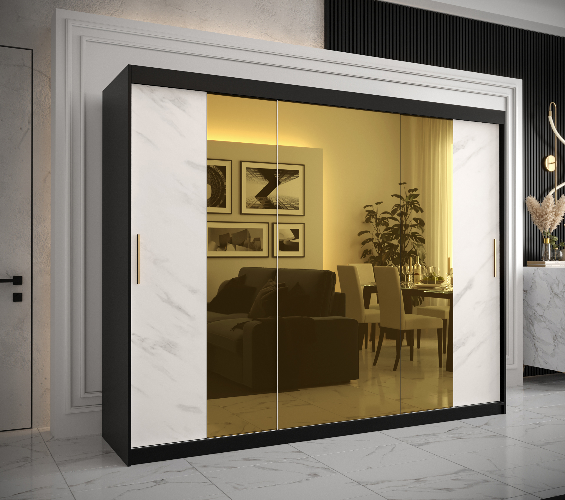 Šatní skříň Abi Golden T2 Barva korpusu: Černá, Rozměry: 250 cm, Dveře: Bílý Marmur + zlaté zrcadlo 