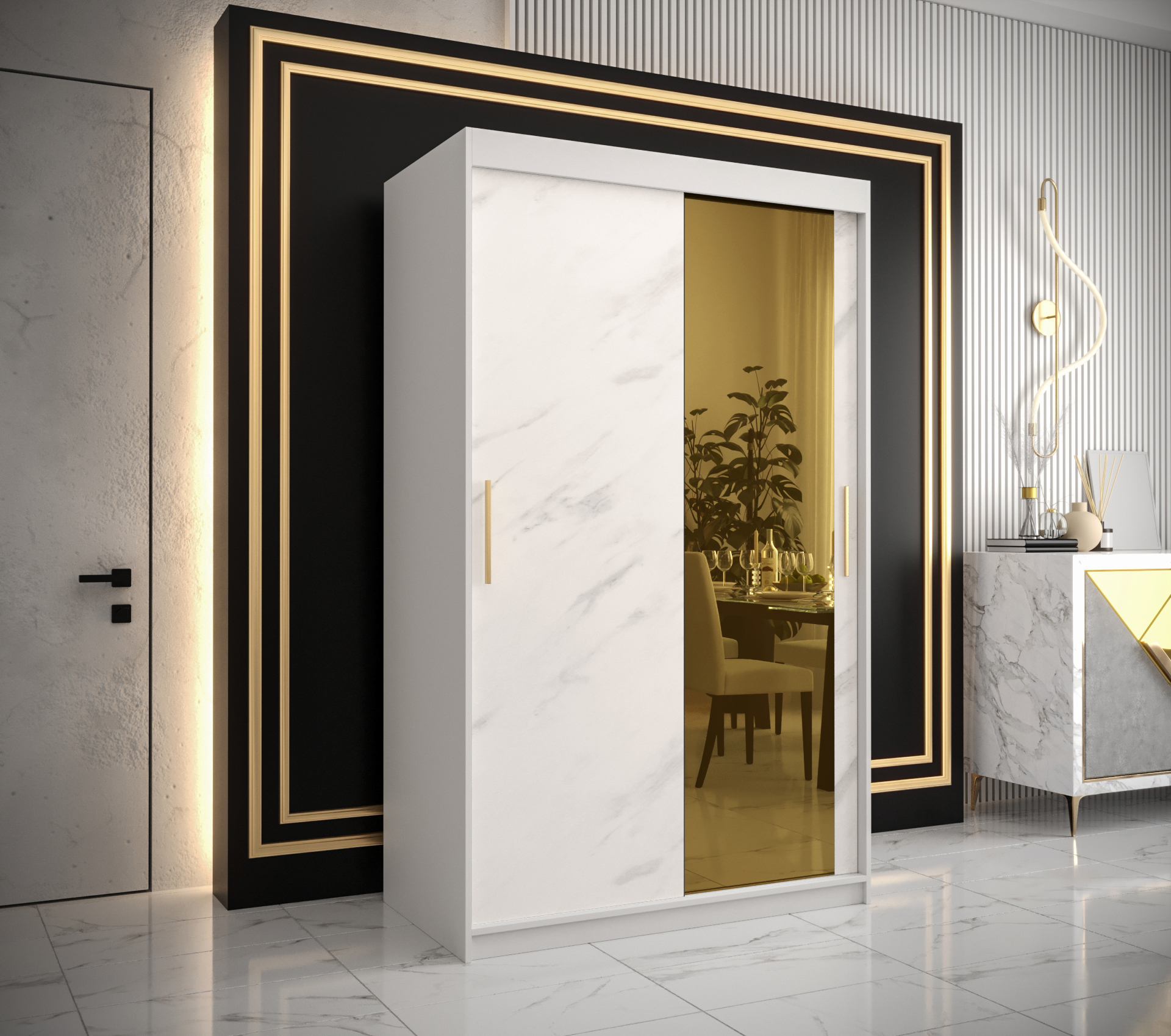 Šatní skříň Abi Golden T2 Barva korpusu: Bílá, Rozměry: 120 cm, Dveře: Bílý Marmur + zlaté zrcadlo -