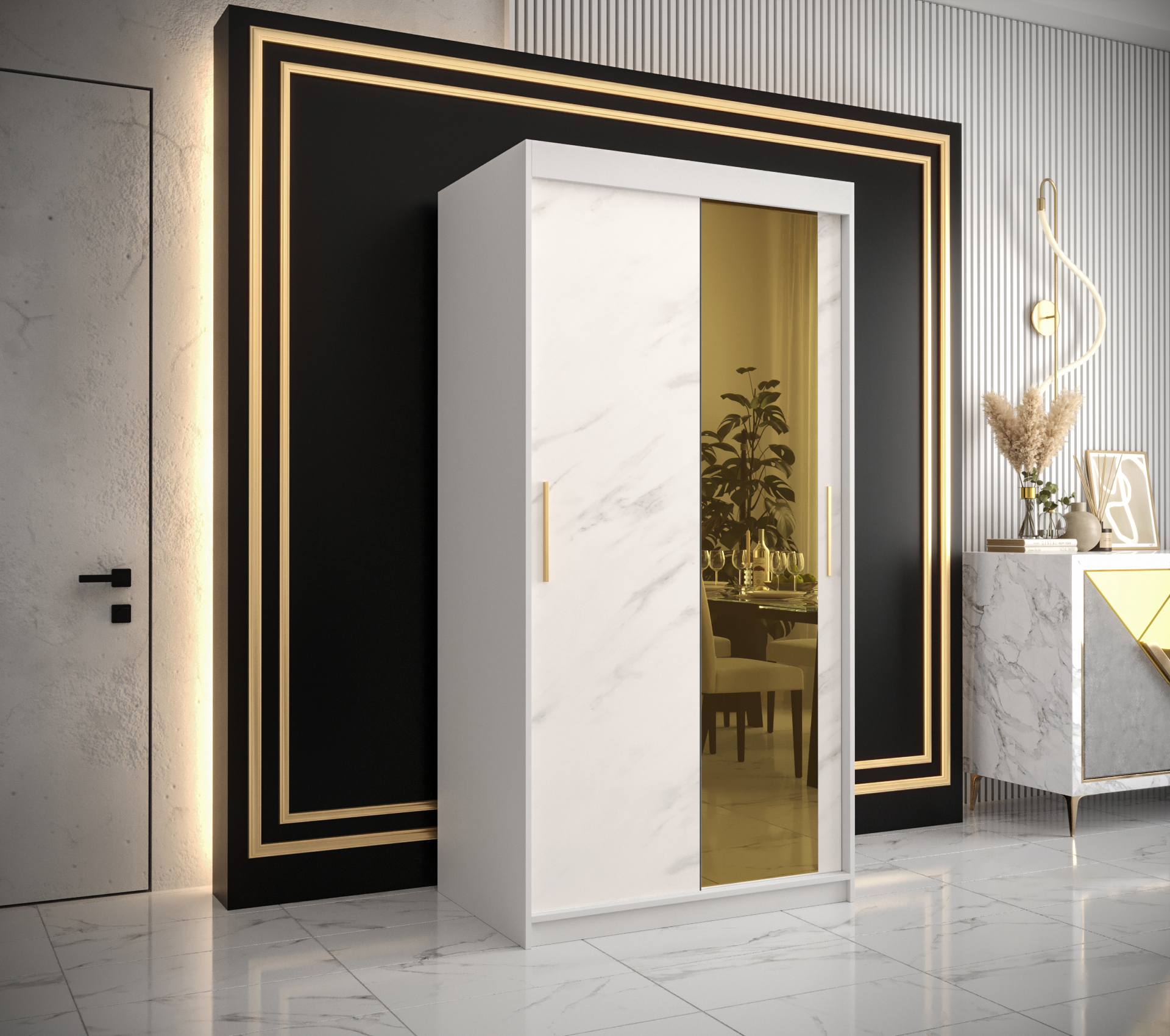 Šatní skříň Abi Golden T2 Barva korpusu: Bílá, Rozměry: 100 cm, Dveře: Bílý Marmur + zlaté zrcadlo -