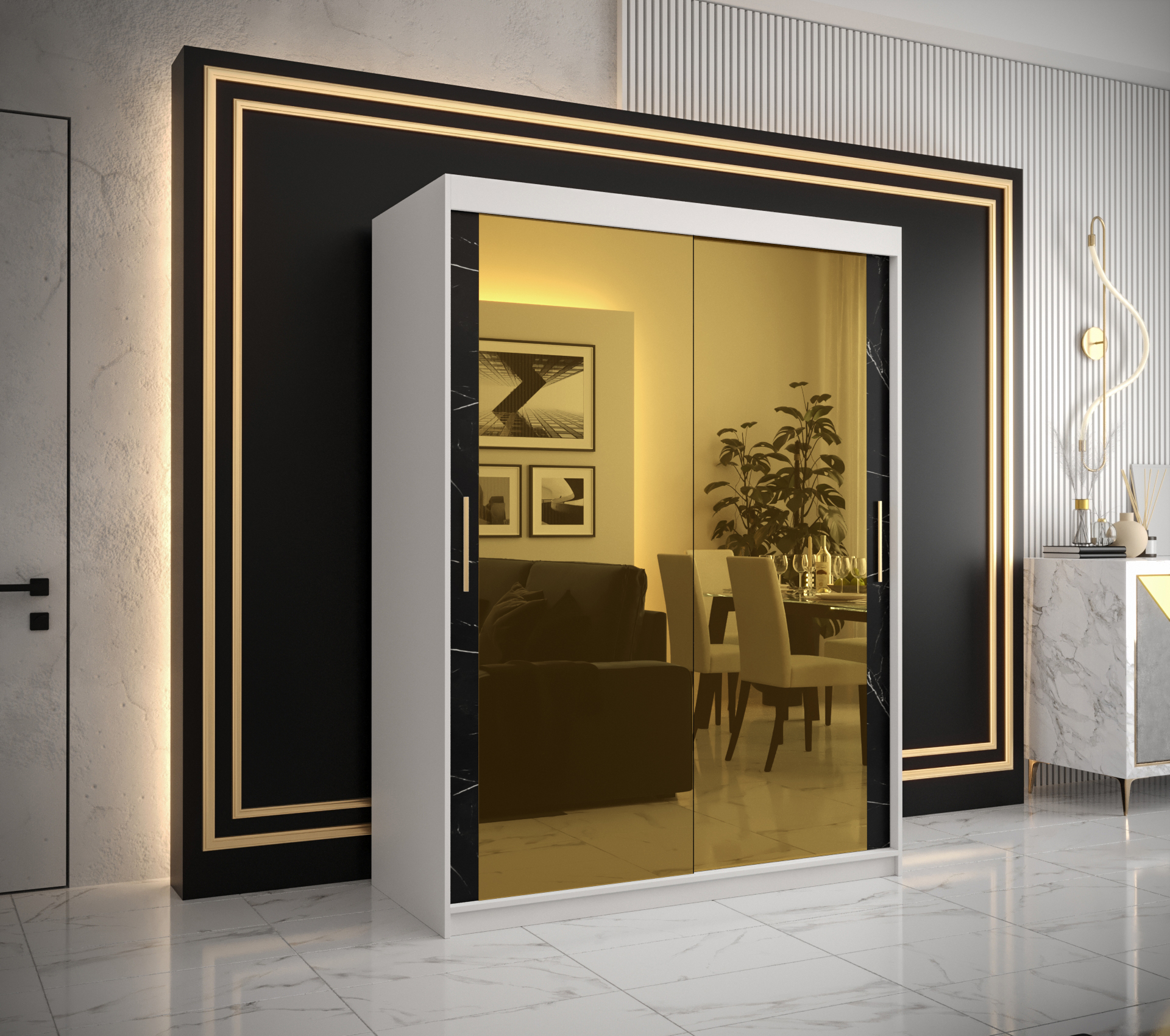 Šatní skříň Abi Golden T3 Barva korpusu: Bílá, Rozměry: 150 cm, Dveře: Černý Marmur + zlaté zrcadlo 
