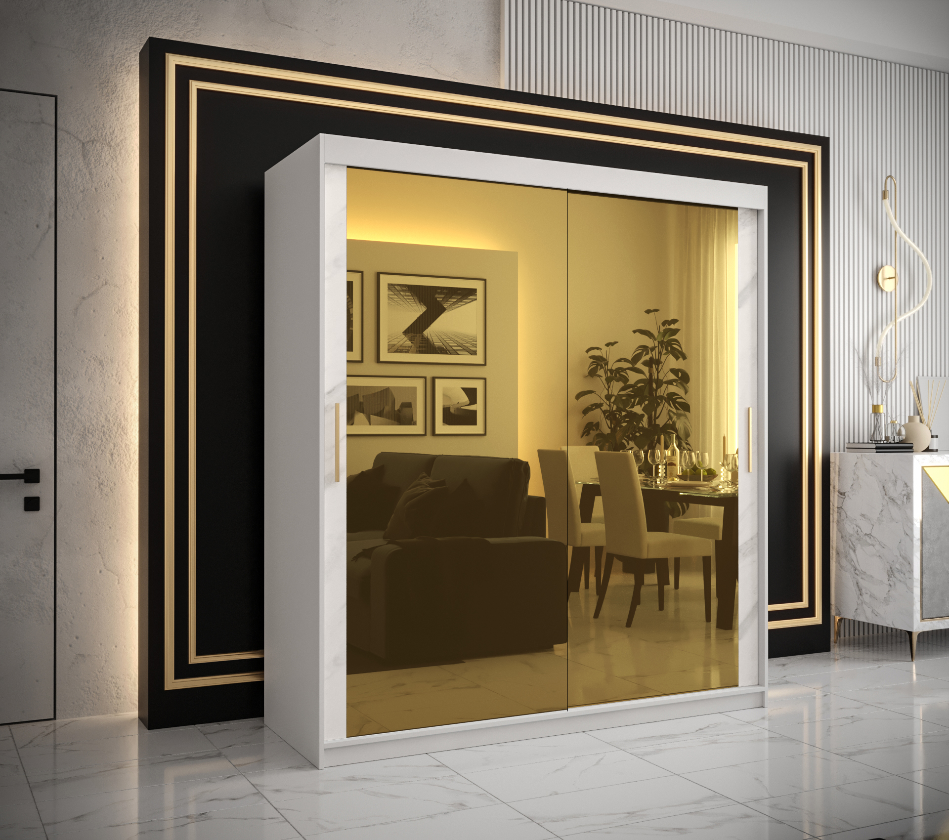 Šatní skříň Abi Golden T3 Barva korpusu: Bílá, Rozměry: 180 cm, Dveře: Bílý Marmur + zlaté zrcadlo -