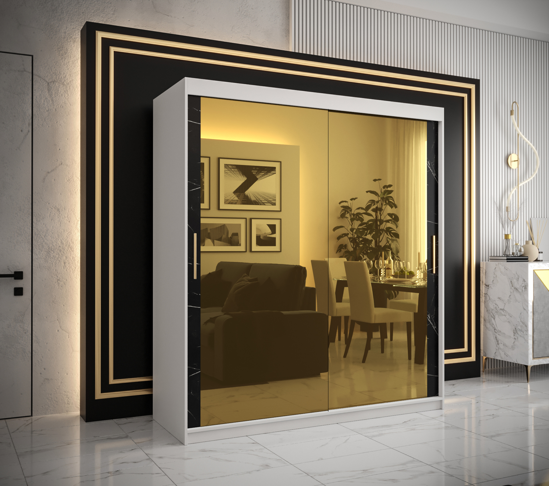 Šatní skříň Abi Golden T3 Barva korpusu: Bílá, Rozměry: 180 cm, Dveře: Černý Marmur + zlaté zrcadlo 