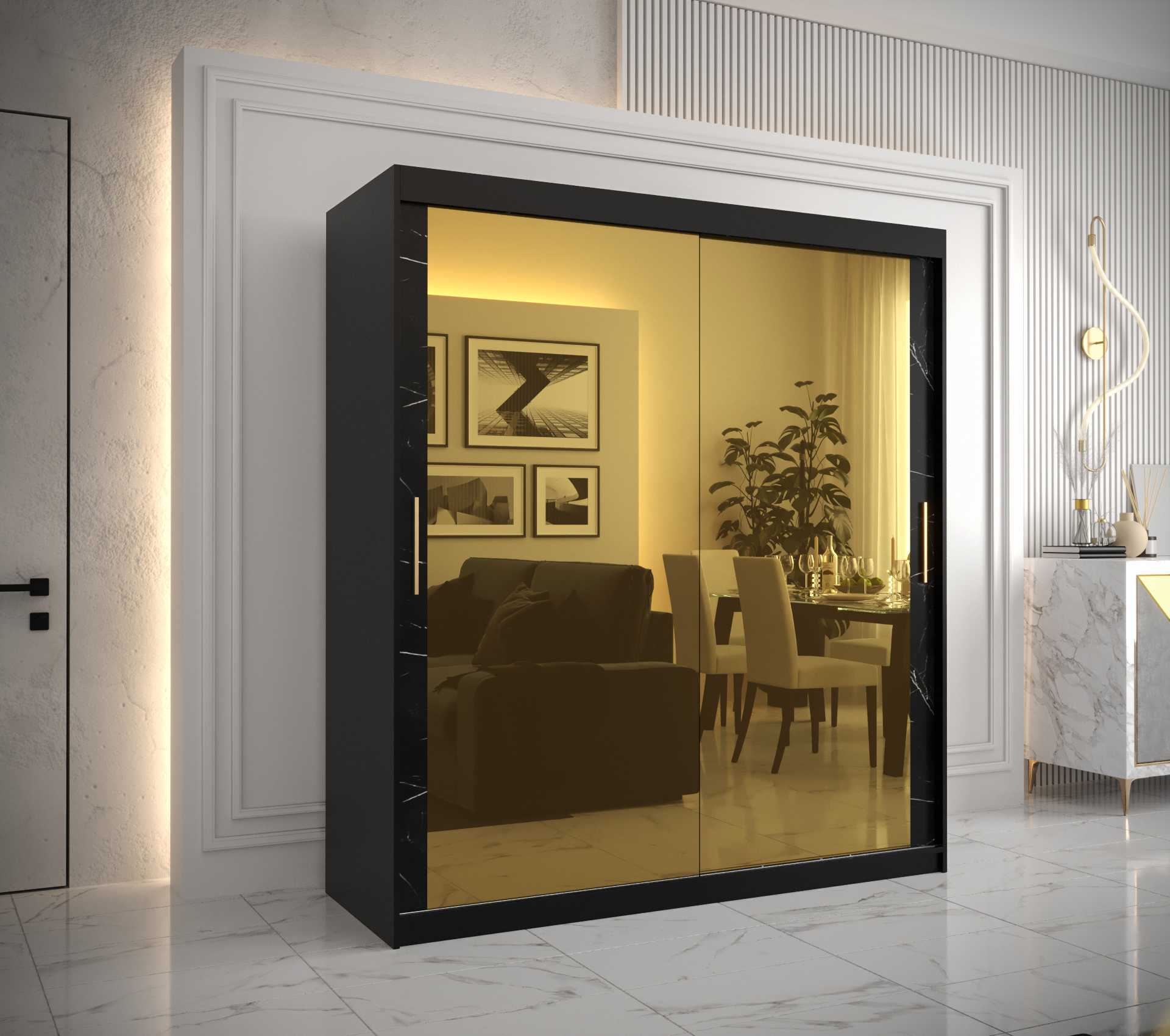 Šatní skříň Abi Golden T3 Barva korpusu: Černá, Rozměry: 180 cm, Dveře: Černý Marmur + zlaté zrcadlo