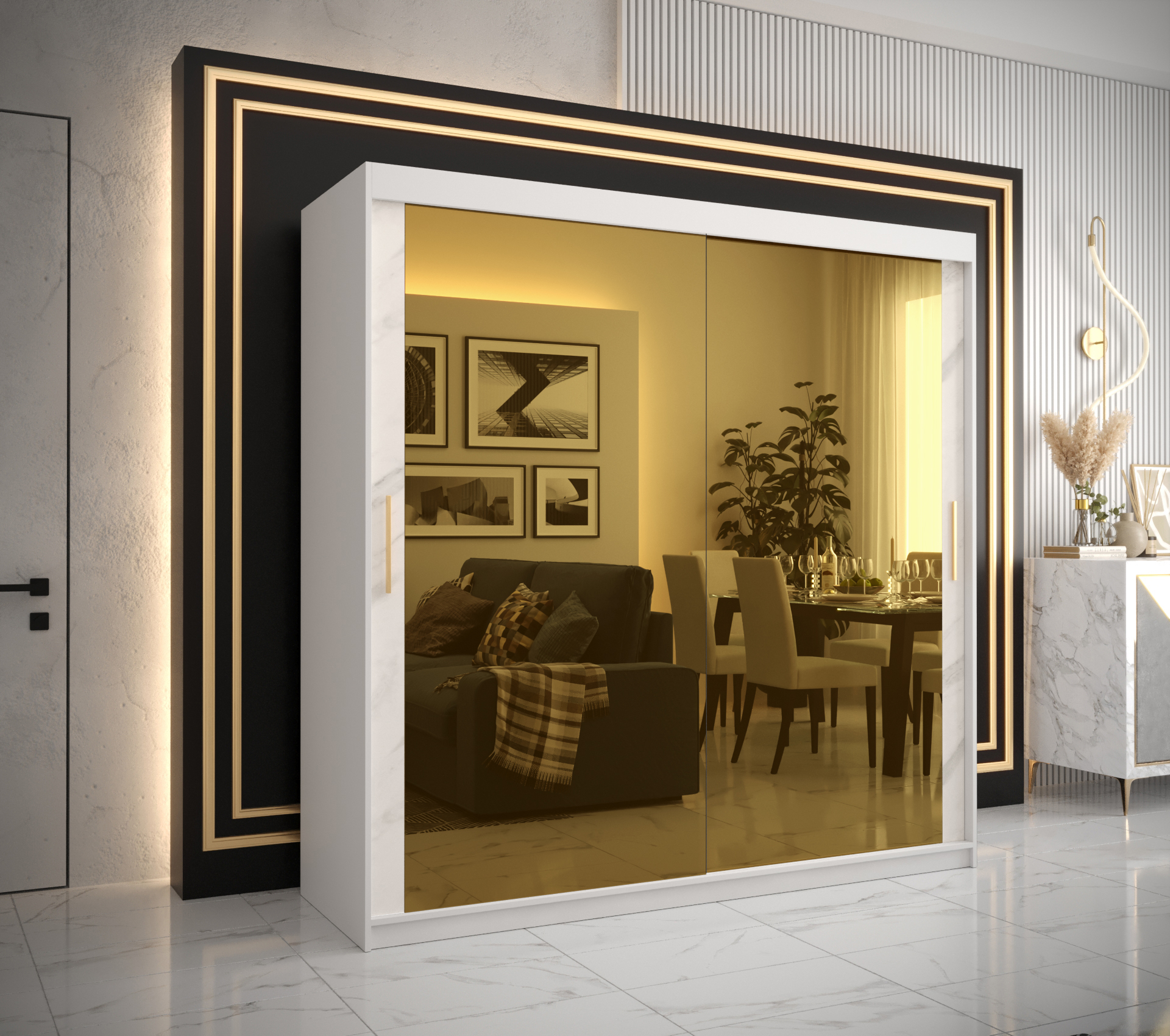 Šatní skříň Abi Golden T3 Barva korpusu: Bílá, Rozměry: 200 cm, Dveře: Bílý Marmur + zlaté zrcadlo -