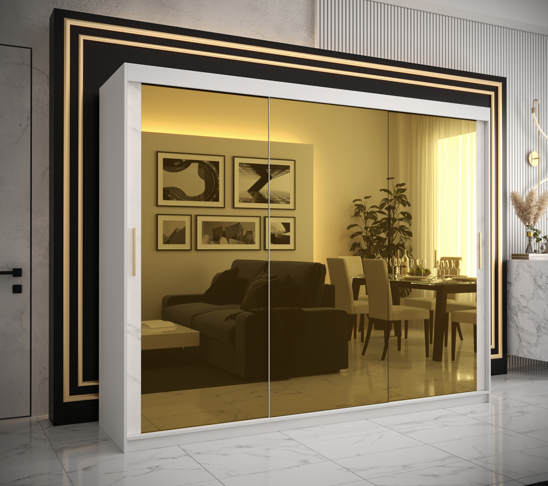Šatní skříň Abi Golden T3 Barva korpusu: Bílá, Rozměry: 250 cm, Dveře: Bílý Marmur + zlaté zrcadlo -