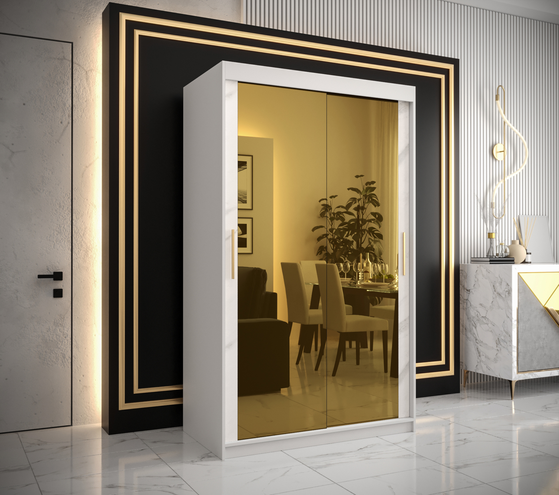 Šatní skříň Abi Golden T3 Barva korpusu: Bílá, Rozměry: 120 cm, Dveře: Bílý Marmur + zlaté zrcadlo -