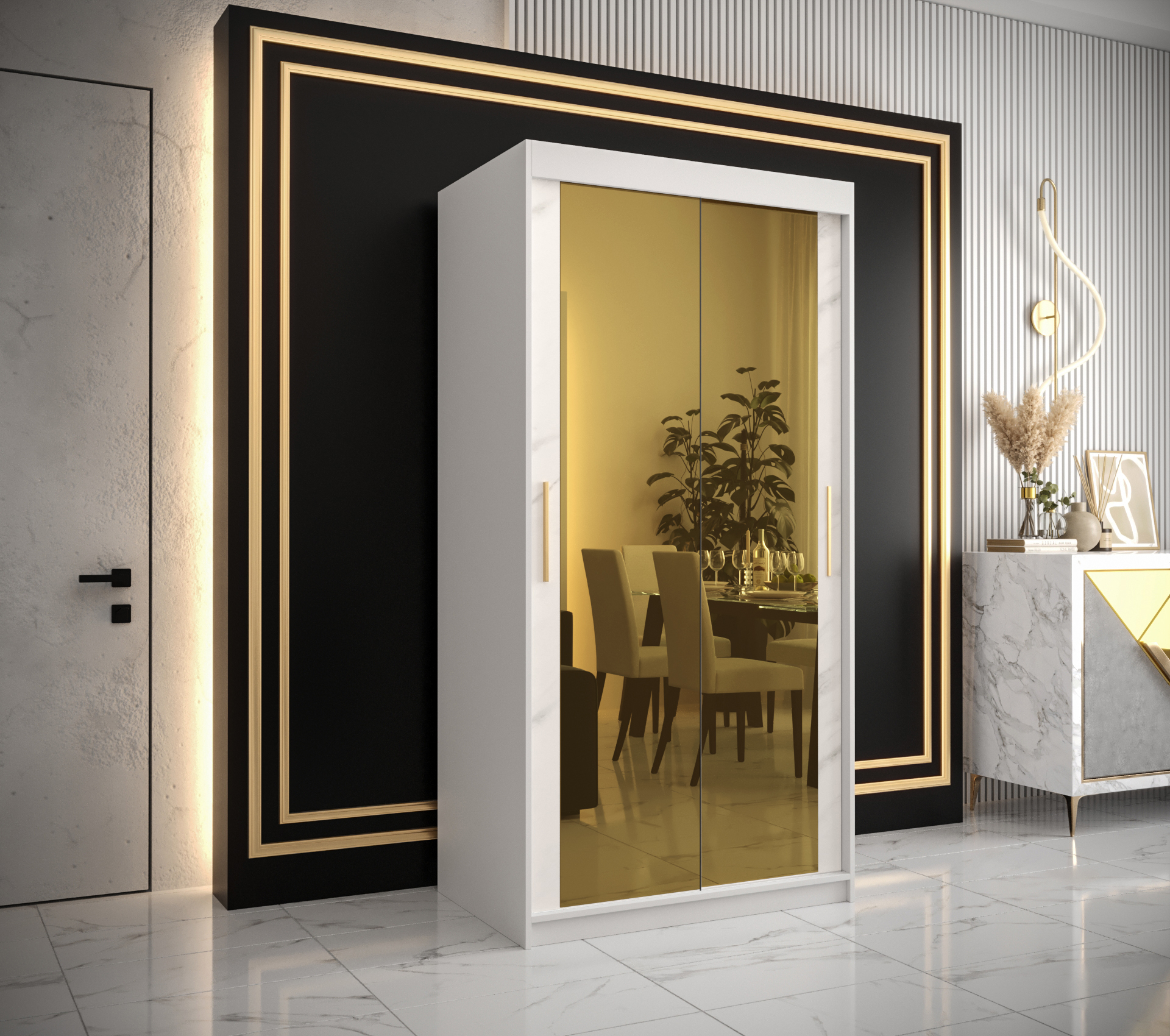 Šatní skříň Abi Golden T3 Barva korpusu: Bílá, Rozměry: 100 cm, Dveře: Bílý Marmur + zlaté zrcadlo -