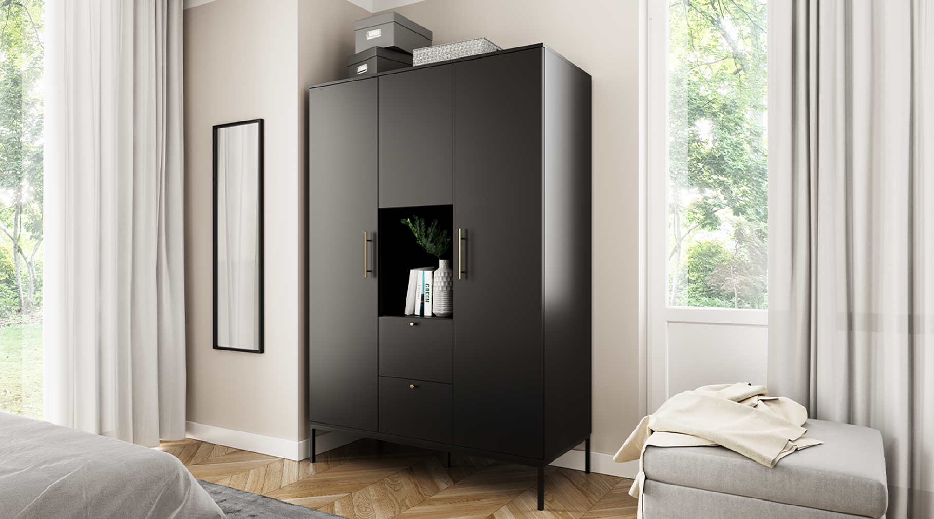 Šatní skříň Lanzzi 135 Barva korpusu: Černá, Dveře: Černé