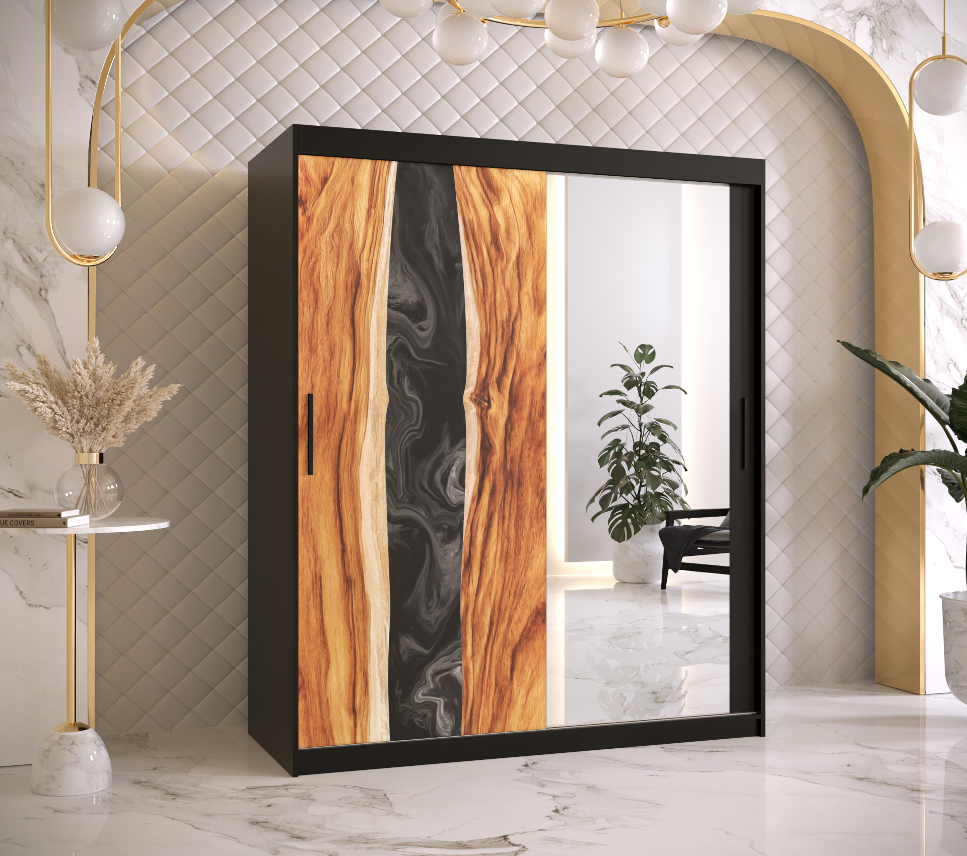 Šatní skříň Abi Zywica 2 Barva korpusu: Černá, Rozměry: 150 cm, Dveře: Zywica + zrcadlo - Černá,Zywi