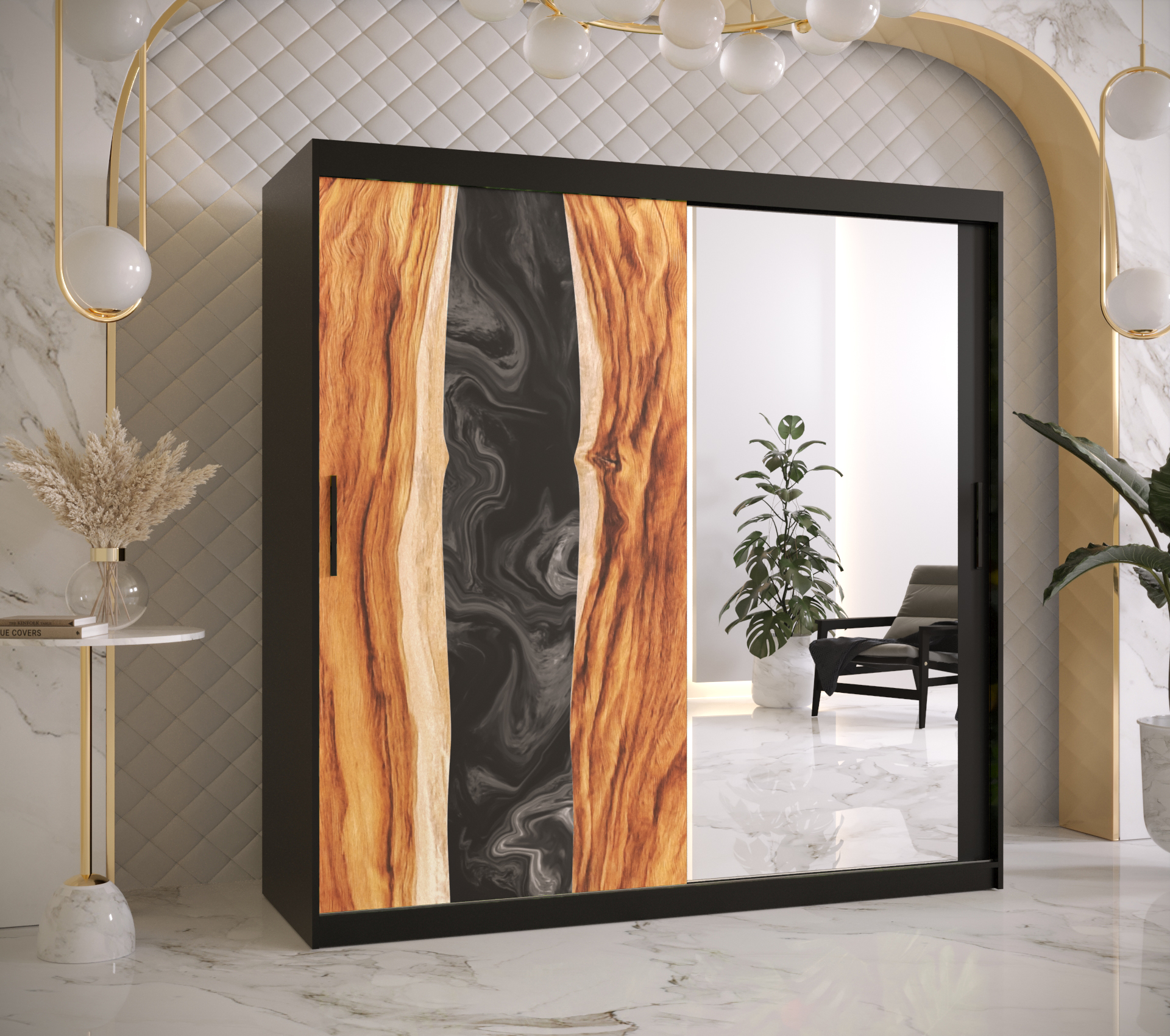 Šatní skříň Abi Zywica 2 Barva korpusu: Černá, Rozměry: 180 cm, Dveře: Zywica + zrcadlo - Černá,Zywi