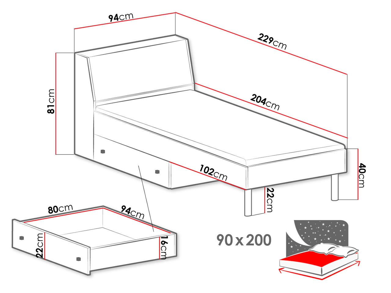 Postel Faro FR14 - 90x200 cm Dveře: Bílá / Dub artisan / Šedá (obrázek 3)