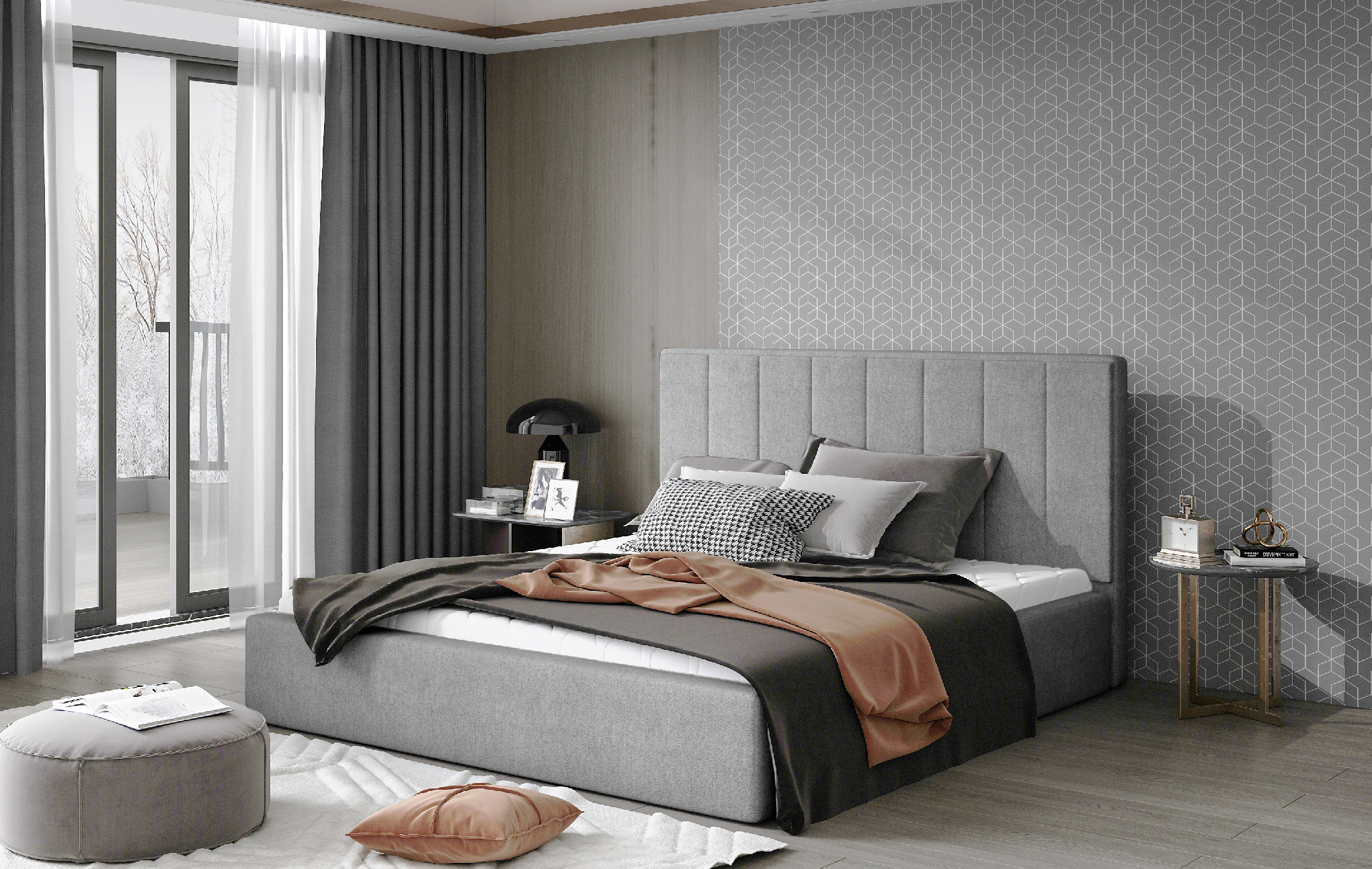 Postel Audrey - dřevěný rám postele Rozměr: 160x200 cm, látka: Omega 13 - Omega 13,bílá,černá,šedá,h