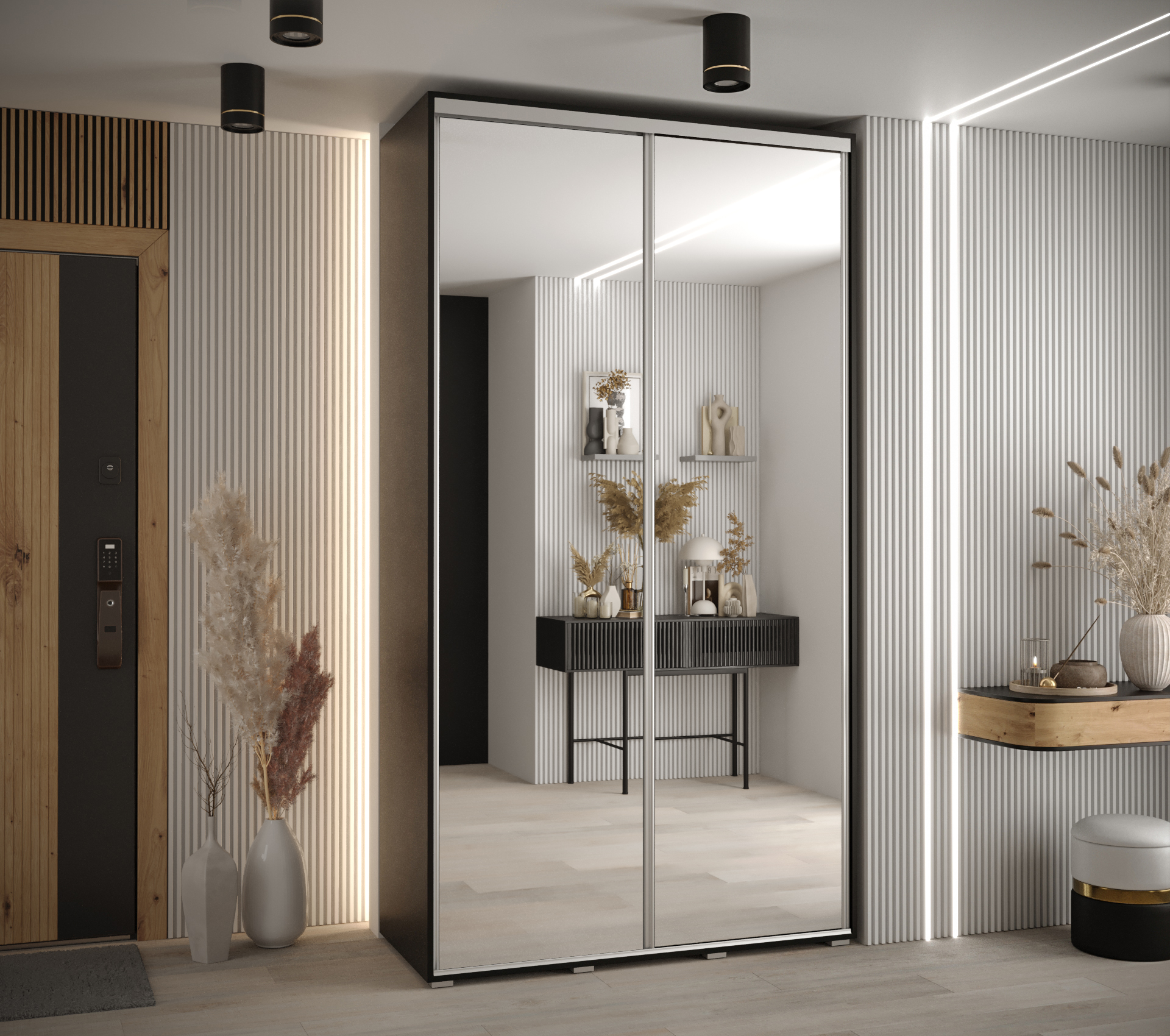 Šatní skříň Davos 2 - hloubka 60 cm Barva korpusu: Černá, Rozměry: 140 cm, Dveře: Zrcadlo