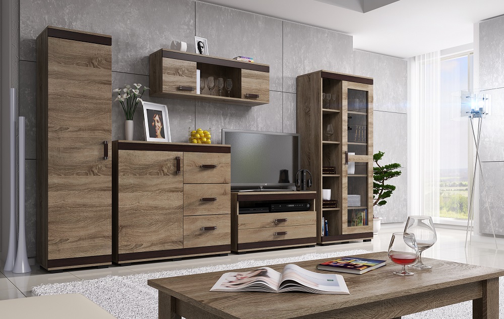 Obývací stěna Bodzio Barva korpusu: Dub - canyon, Lišta: Dub - canyon, Barva dvířek: Dub - canyon