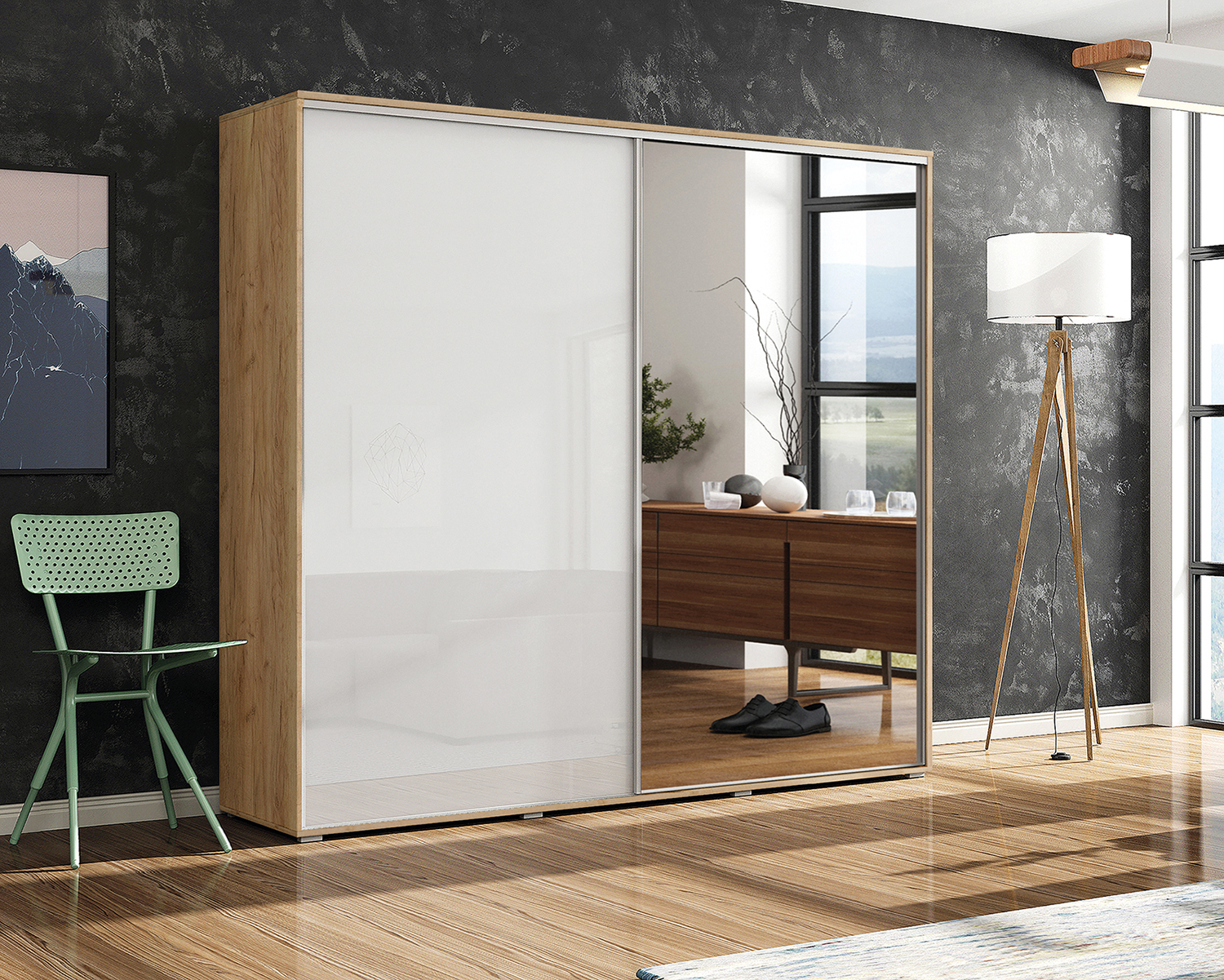 Šatní skříň Ska A7 XL Barva korpusu: Dub - Craft zlatý, Rozměry: 230 cm, Dveře: Bílý lesk