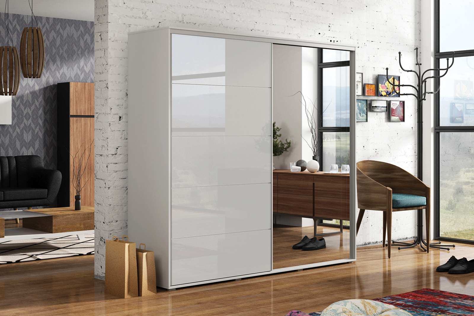 Šatní skříň Ska A11 XL Barva korpusu: Dub - Craft zlatý, Rozměry: 230 cm, Dveře: Bílý lesk