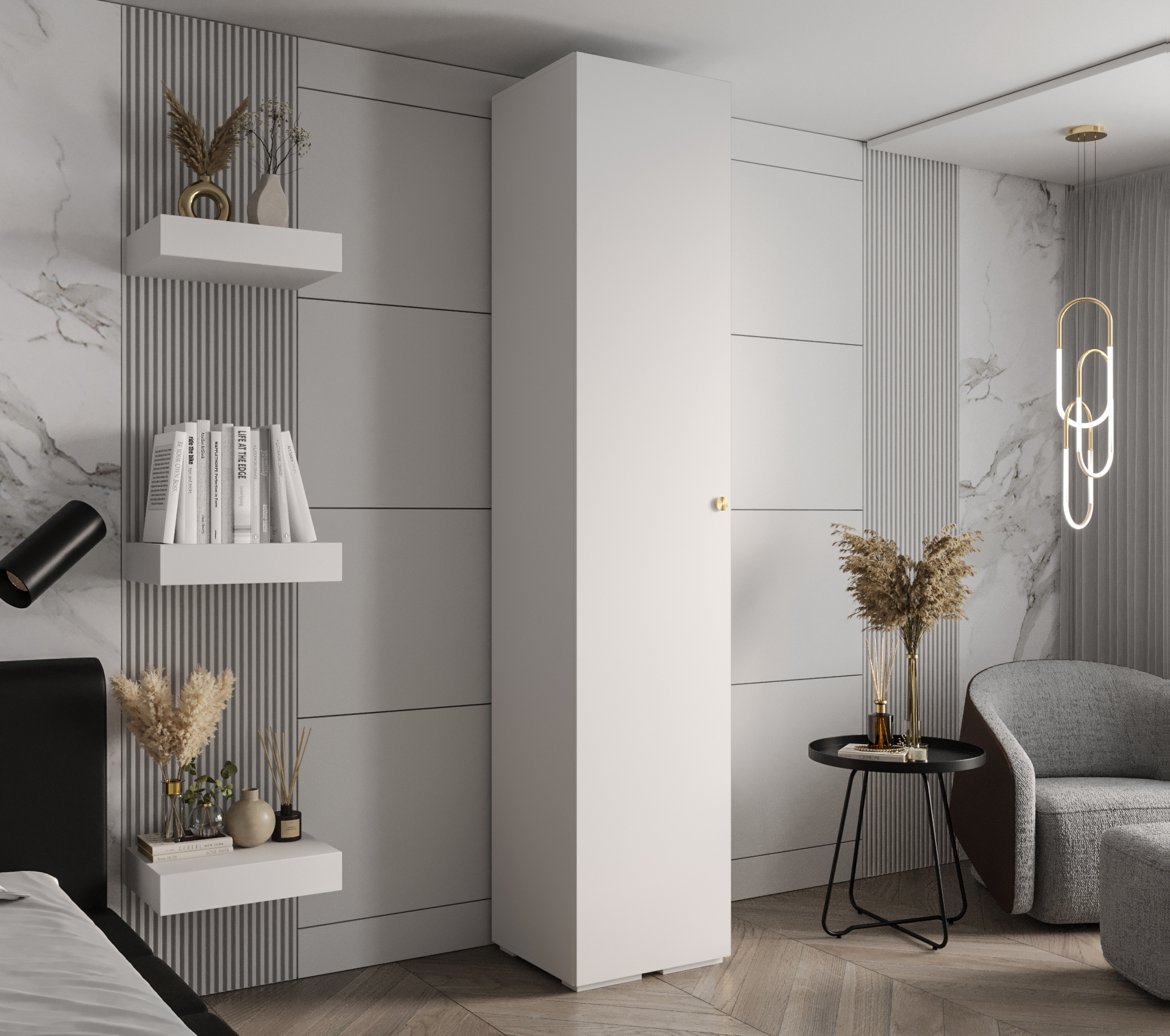 Šatní skříň Abi Inova 2 Rozměry: 50 cm, Pásky / úchyty: Zlatý, Barva korpusu + barva dveří: Bílá