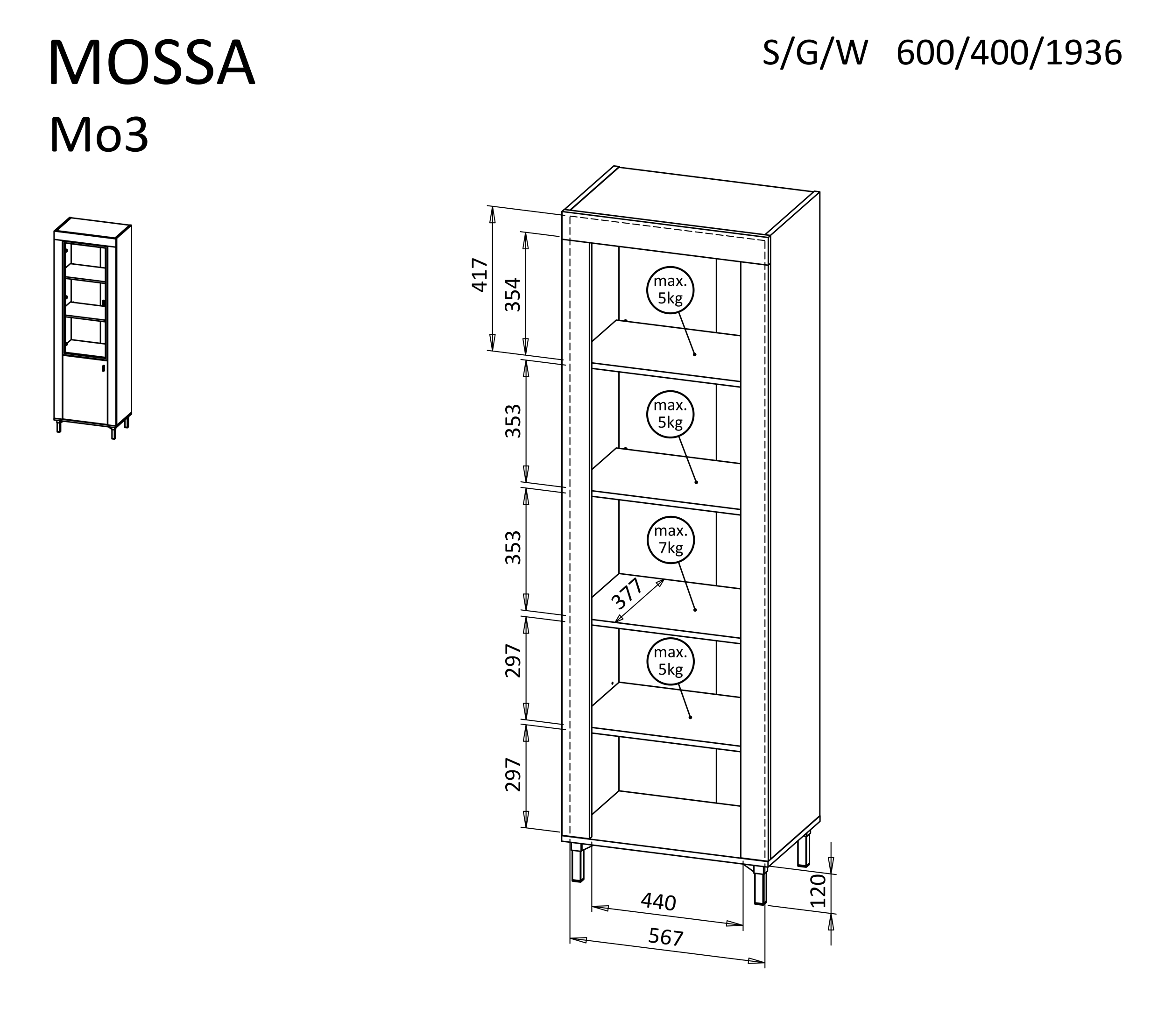 Vitrína Mossa MO3 Barva korpusu: Bílá (obrázek 5)