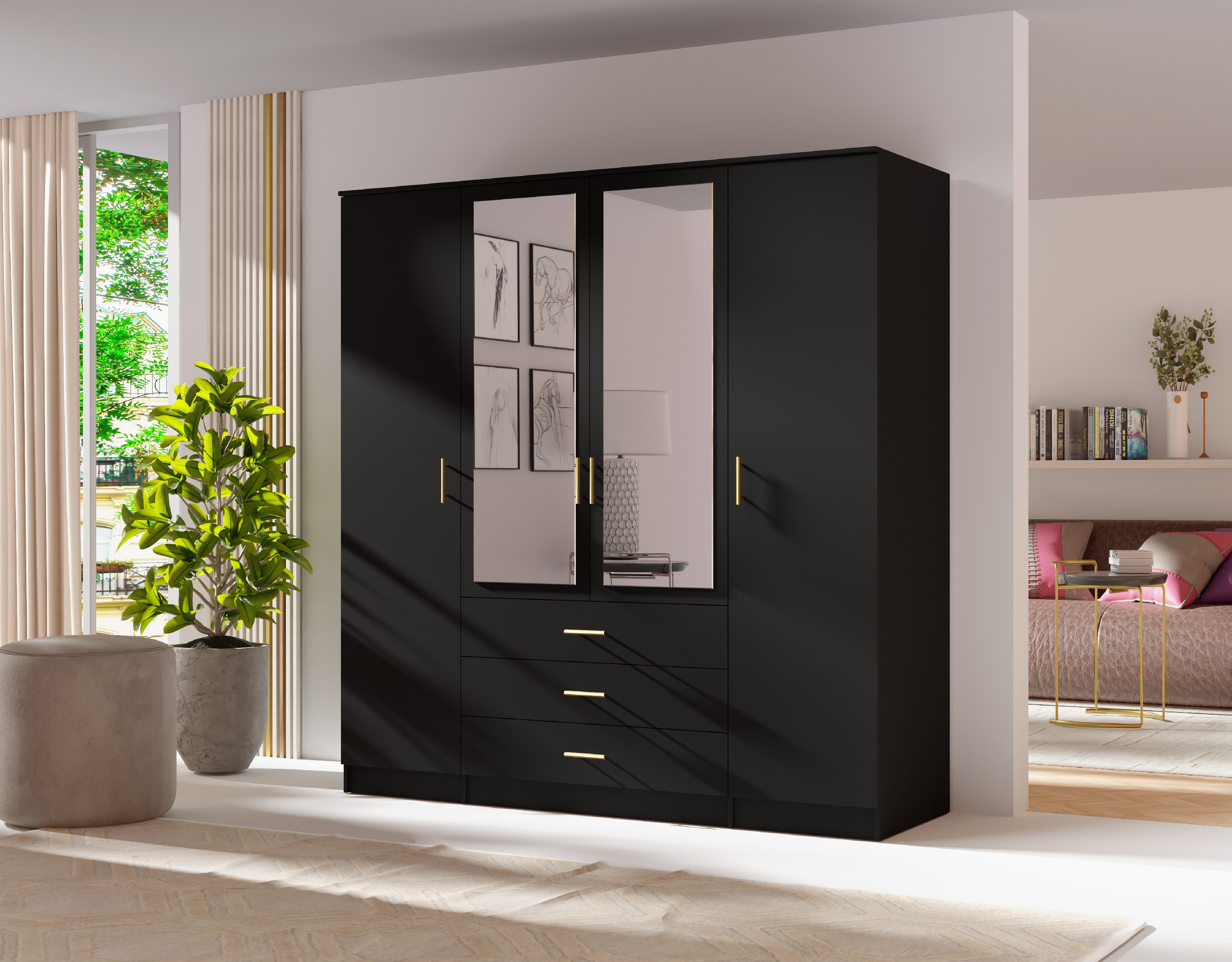 Šatní skříň 4D Barva korpusu: Černá, Rozměry: 200 cm