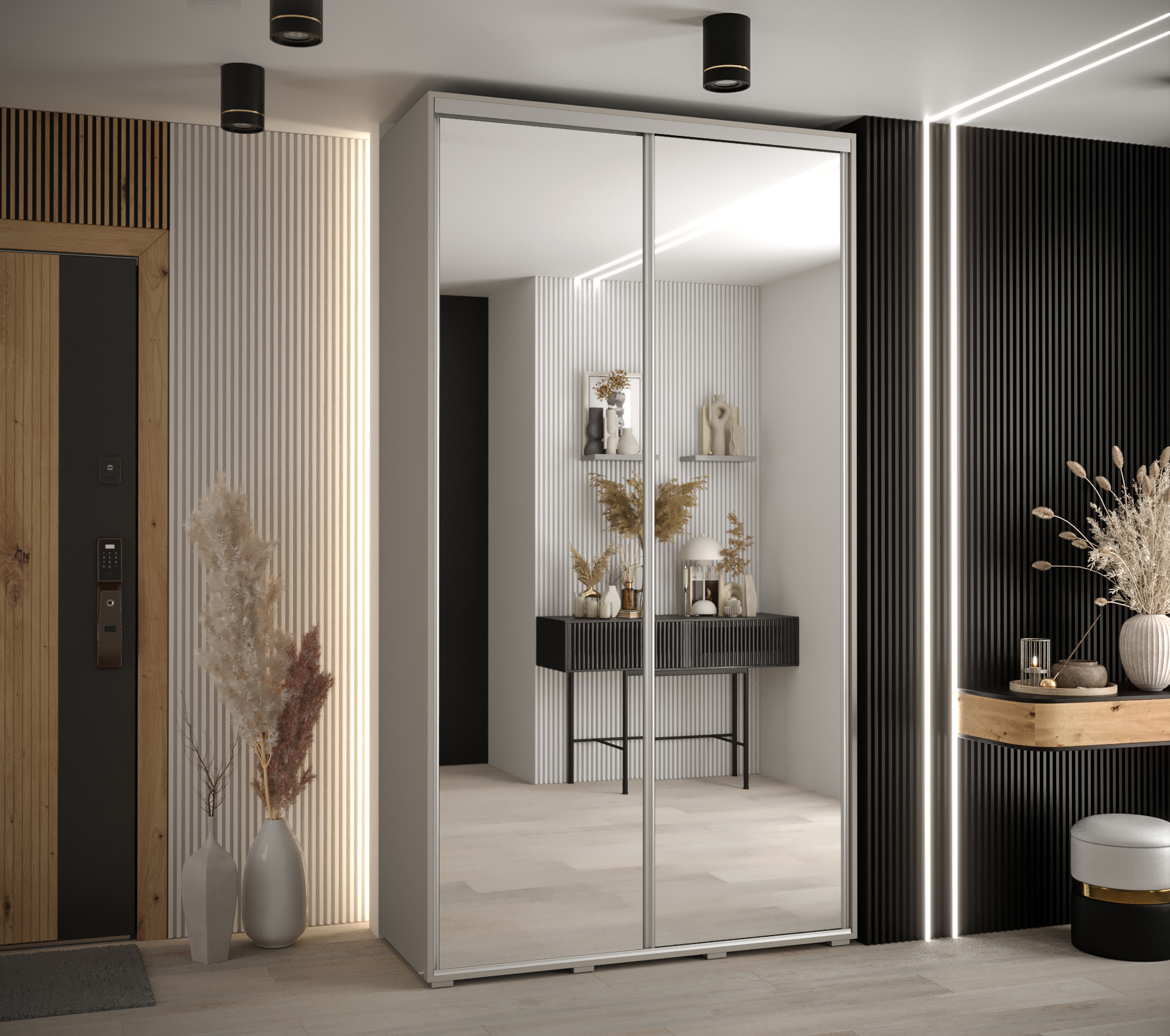 Šatní skříň Dakota 2 - hloubka 45 cm Rozměry: 130 cm, Pásky / úchyty: Stříbrné, Barva korpusu + barva dveří: Kašmír + zrcadlo