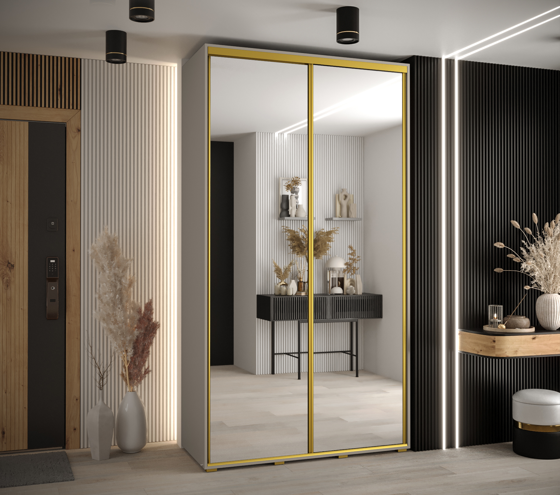Šatní skříň Dakota 2 - hloubka 45 cm Rozměry: 130 cm, Pásky / úchyty: Zlatý, Barva korpusu + barva dveří: Kašmír + zrcadlo