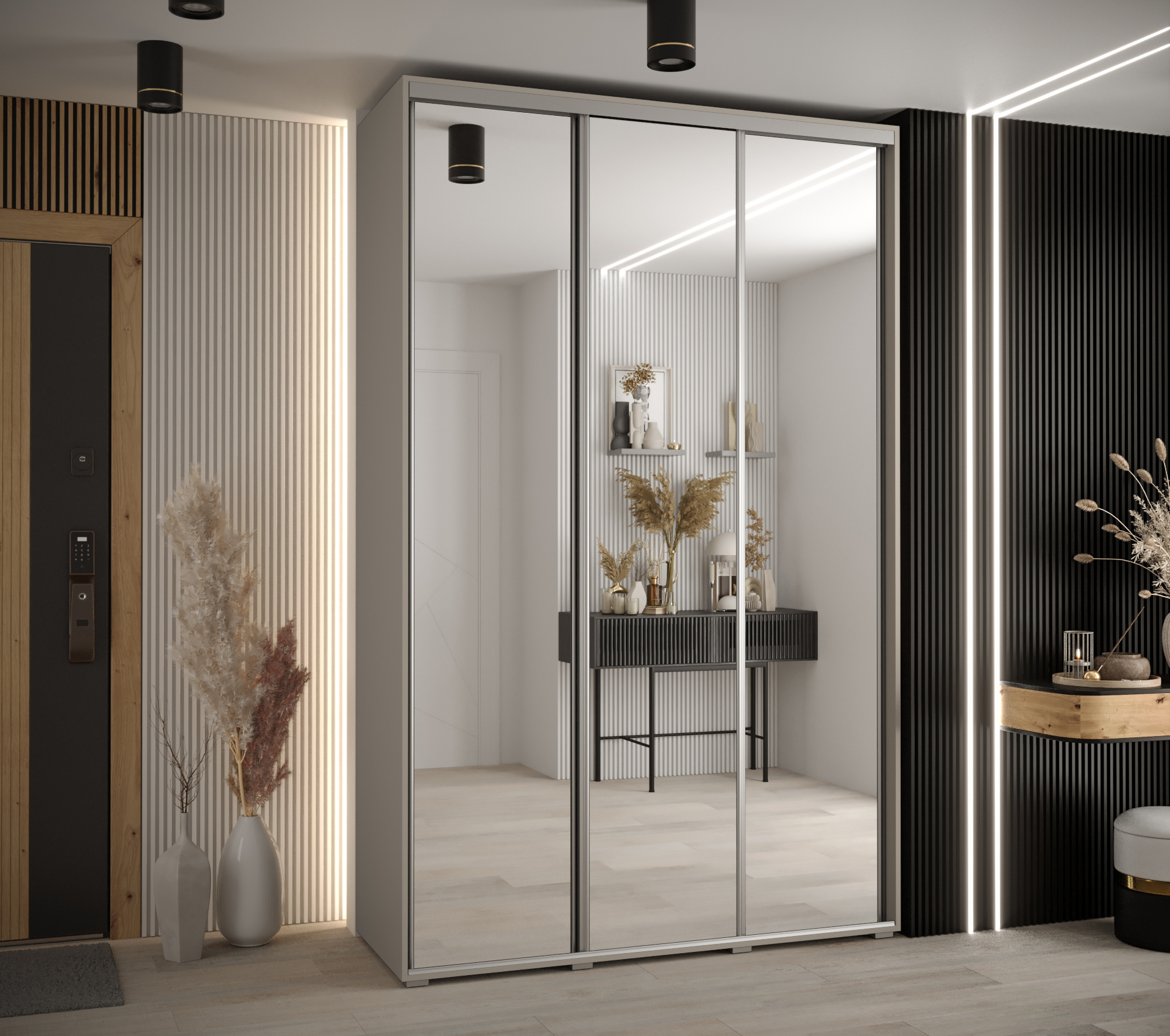 Šatní skříň Dakota 2 - hloubka 45 cm Rozměry: 150 cm, Pásky / úchyty: Stříbrné, Barva korpusu + barva dveří: Kašmír + zrcadlo