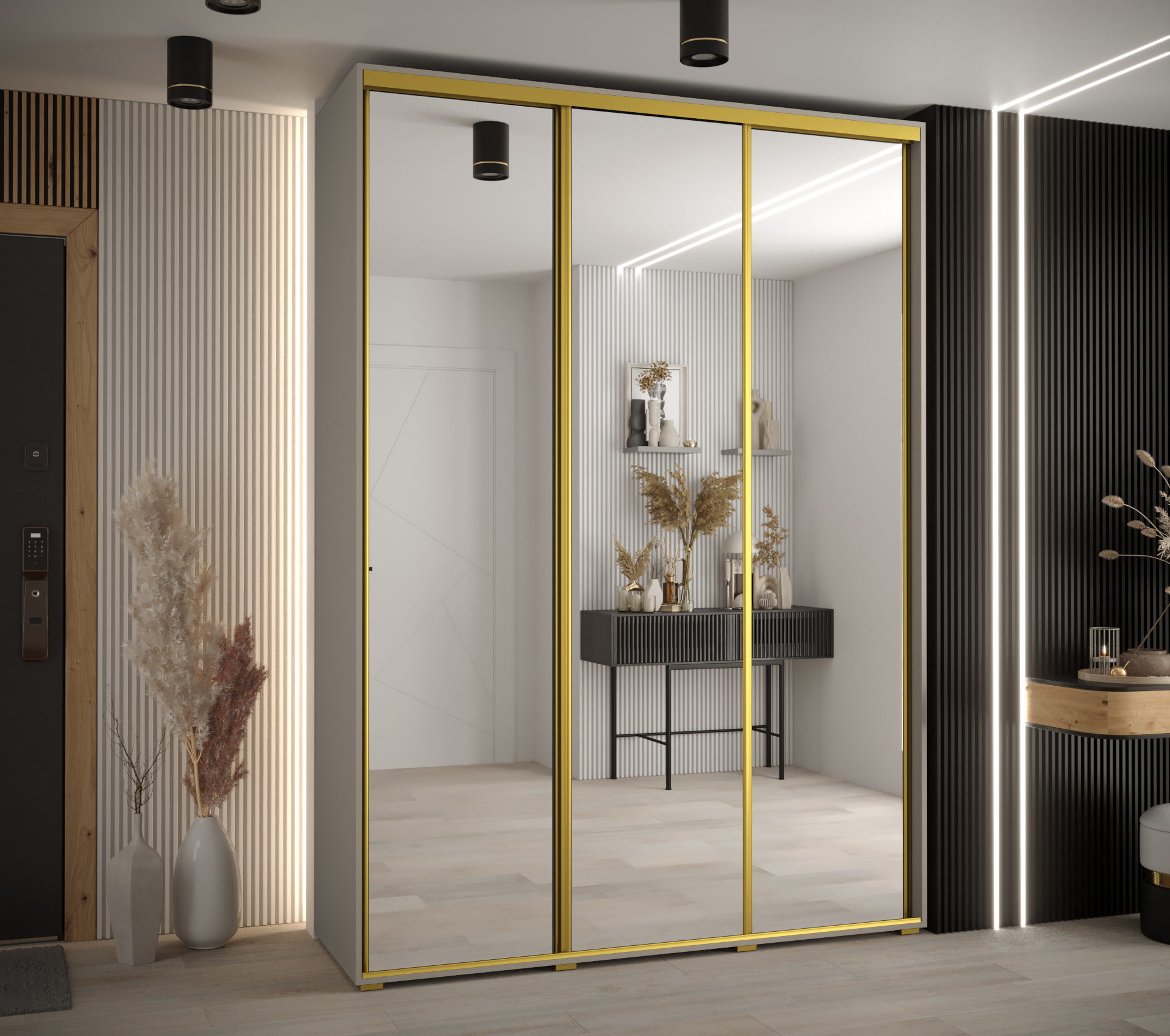 Šatní skříň Dakota 2 - hloubka 45 cm Rozměry: 180 cm, Pásky / úchyty: Zlatý, Barva korpusu + barva dveří: Kašmír + zrcadlo