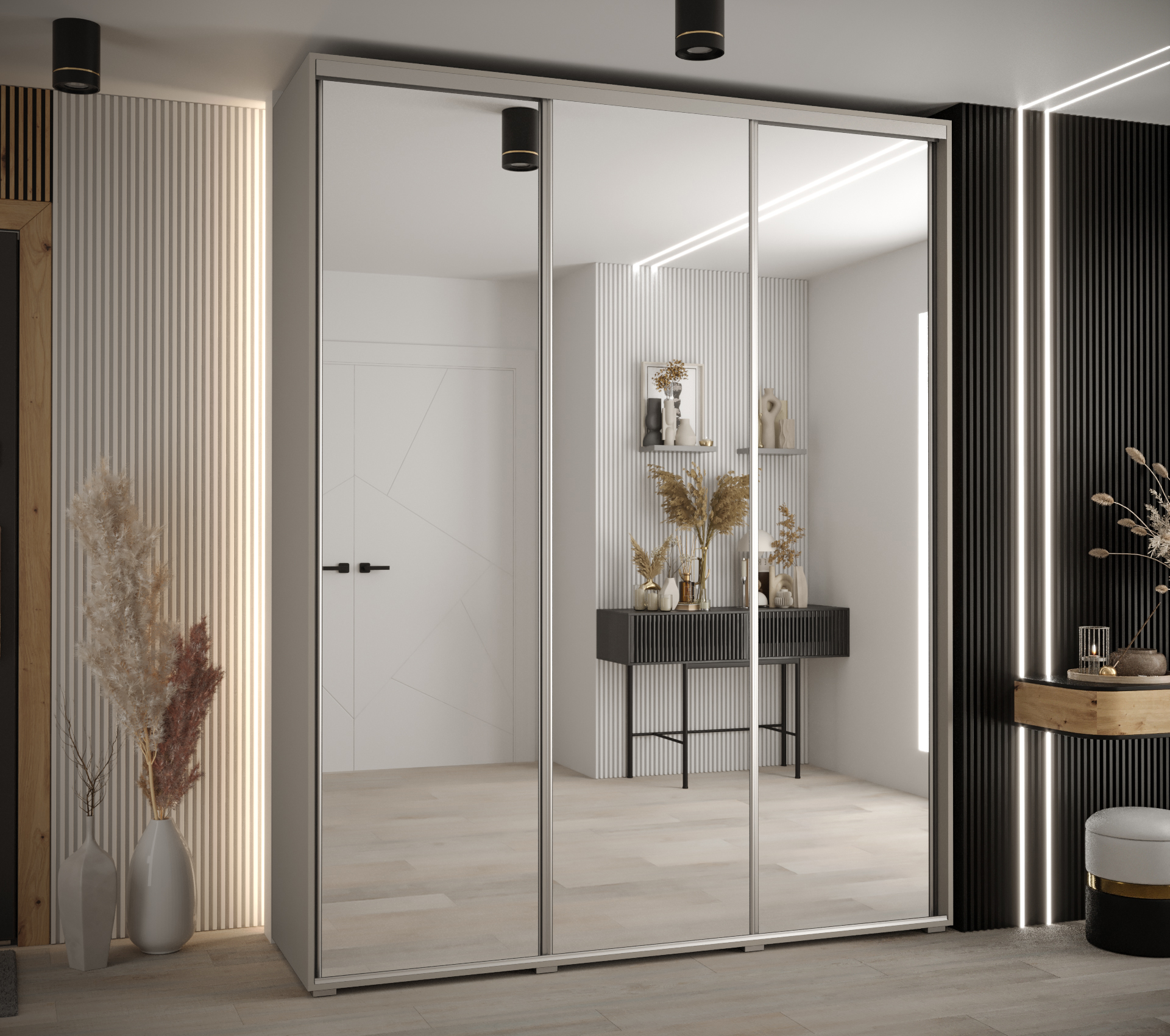 Šatní skříň Dakota 2 - hloubka 45 cm Rozměry: 190 cm, Pásky / úchyty: Stříbrné, Barva korpusu + barva dveří: Kašmír + zrcadlo