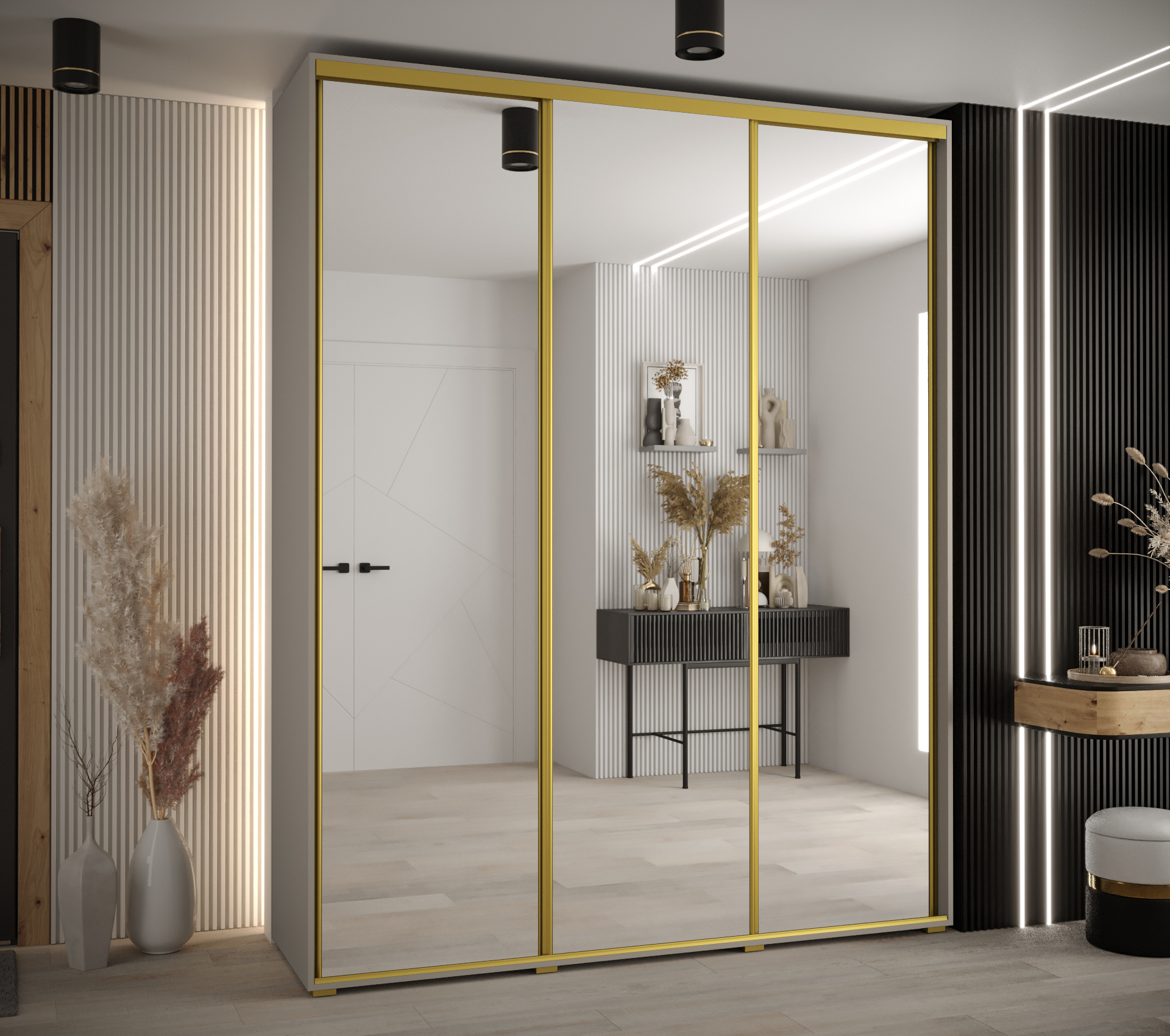 Šatní skříň Dakota 2 - hloubka 45 cm Rozměry: 190 cm, Pásky / úchyty: Zlatý, Barva korpusu + barva dveří: Kašmír + zrcadlo